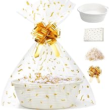 SUNCOLOR Small Woven Gift Basket Set with Cut Paper Shred Filler, Pull Bow &amp; Cellophane Bag, 12x8x5 Inch Durable Cotton Rope Storage Basket for Easter, Baby Shower, Birthday