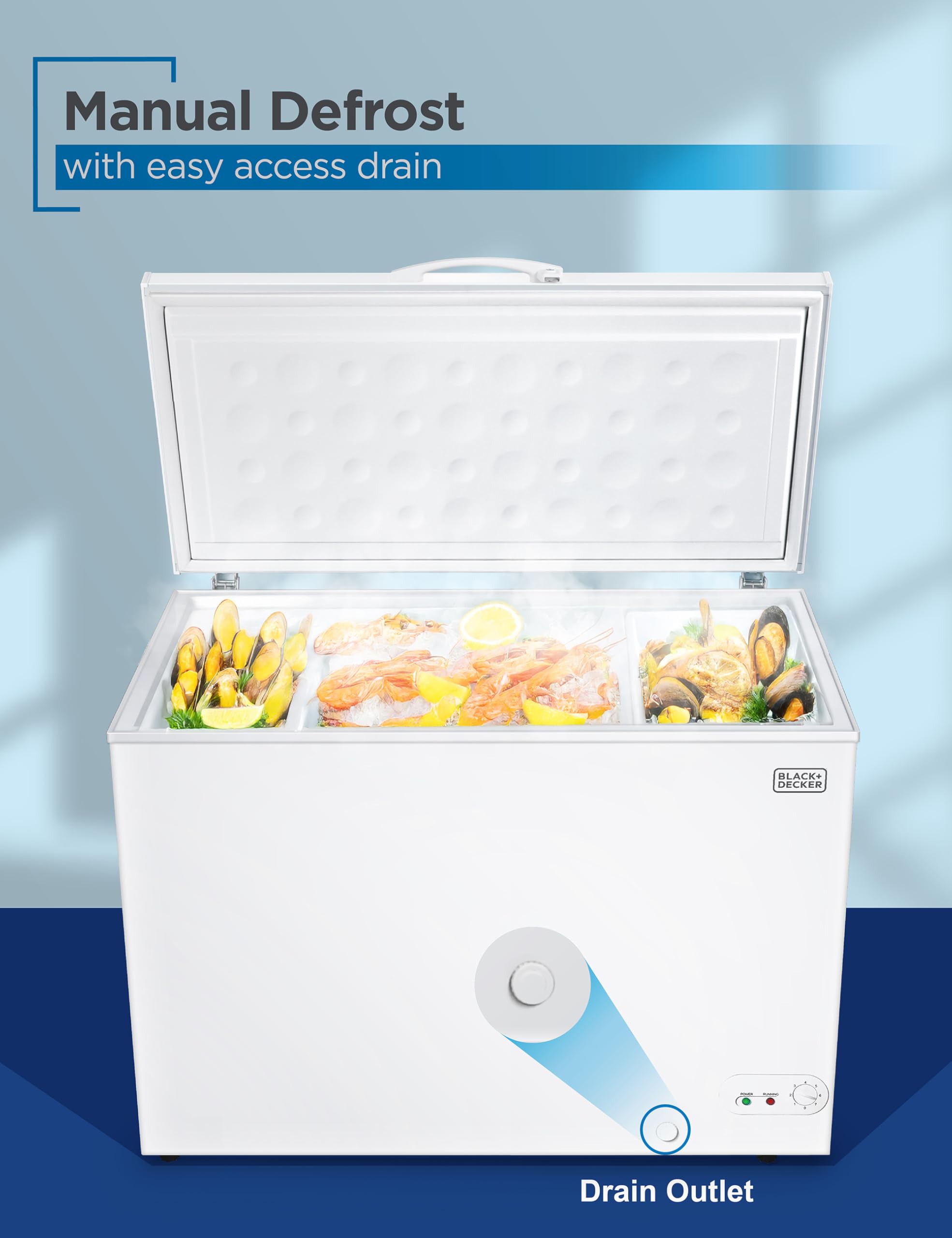 Black+Decker 10 Cu. Ft. Chest Freezer, Deep Freezer With Top Opening, Freezer Chest With Removable Storage Basket, Mechanical Temperature Control, Manual Defrost, R600a Refrigerant, Bcf1000e, White on Fridge.com - View 5