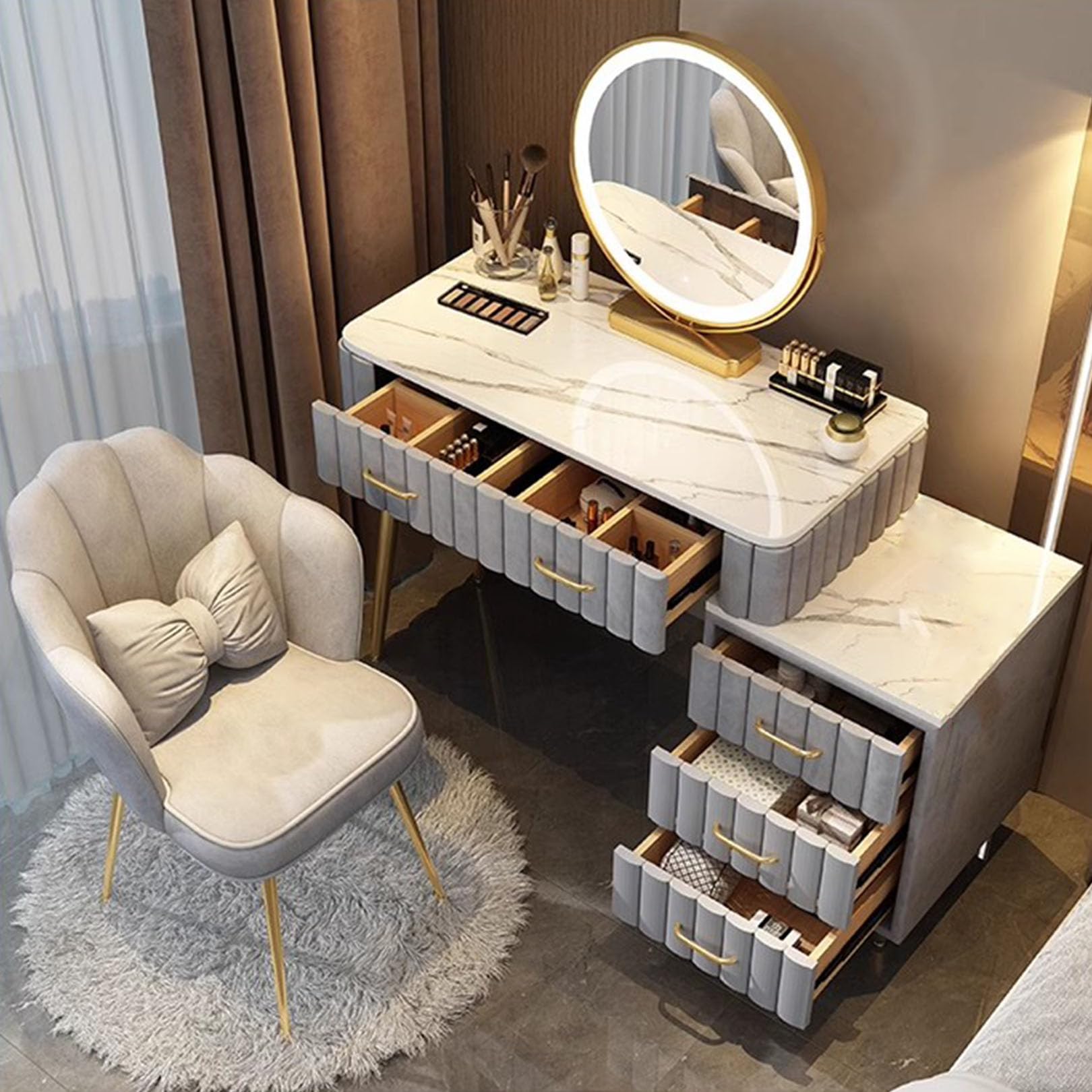 asdchZen Vanity Desk With Mirror & Led Lights Makeup Table With Cushioned Stool 3 Color Modes Dressing Table For Women & Girls Elegant Grey-100Cm/39.4In,Grey-80cm/31.5in