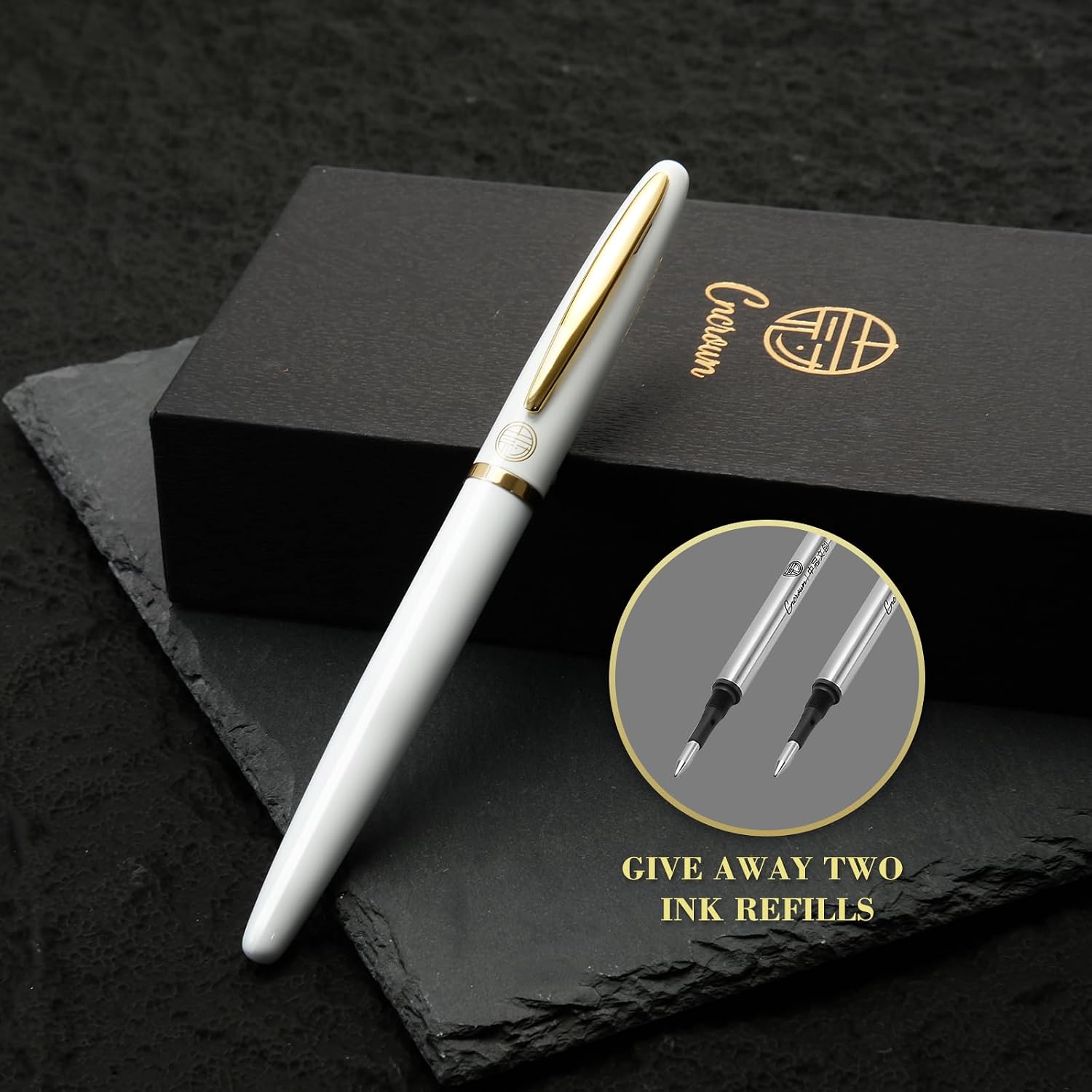 Luxury Gold Rollerball Pen, 24K gold-plated exquisite pen body, stylish and simple design, two ink refills, gift set for men and women, executive writing, office, graduation gift (White)