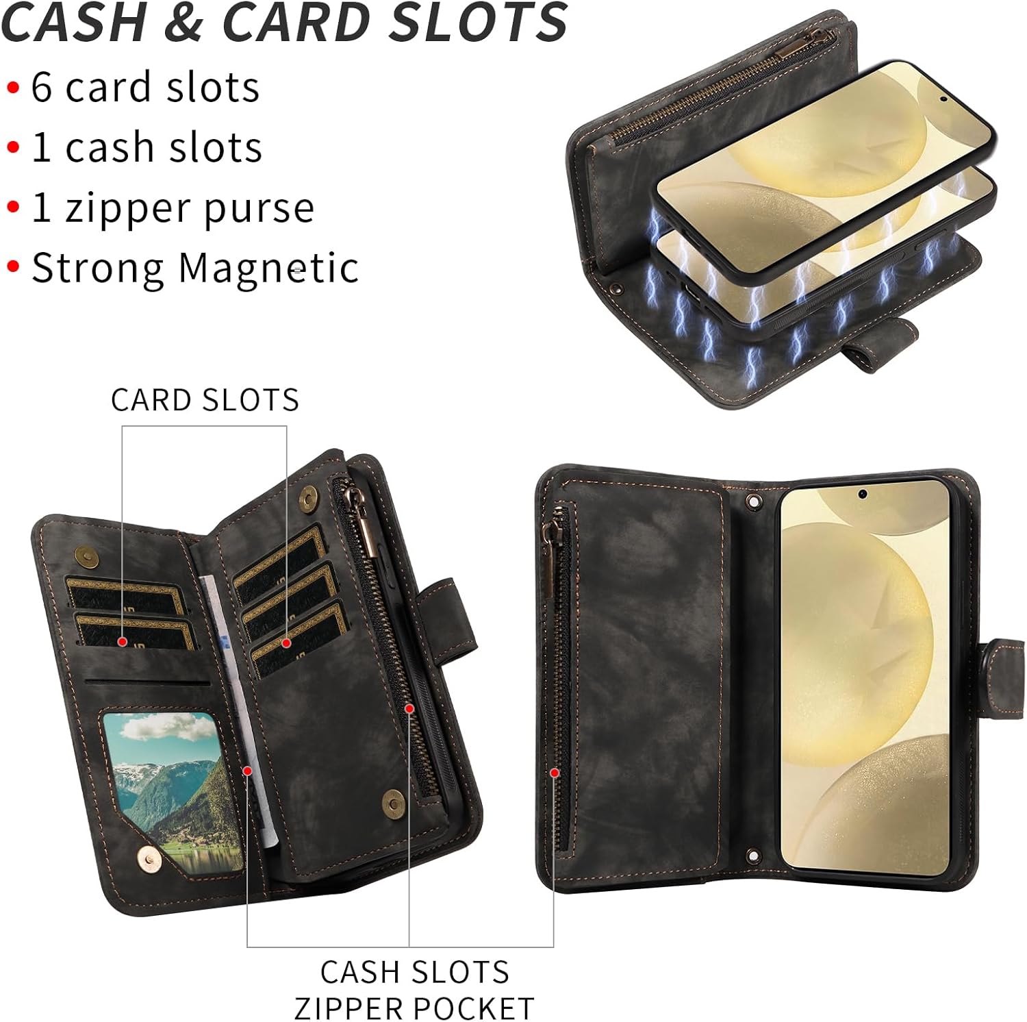 Asuwish Phone Case for Samsung Galaxy S24/S25 5G Zipper Wallet Magnetic Cell Cover with Tempered Glass Screen Protector Crossbody Wrist Strap Flip Credit Card Holder Purse S 24 25 Women Girls Black