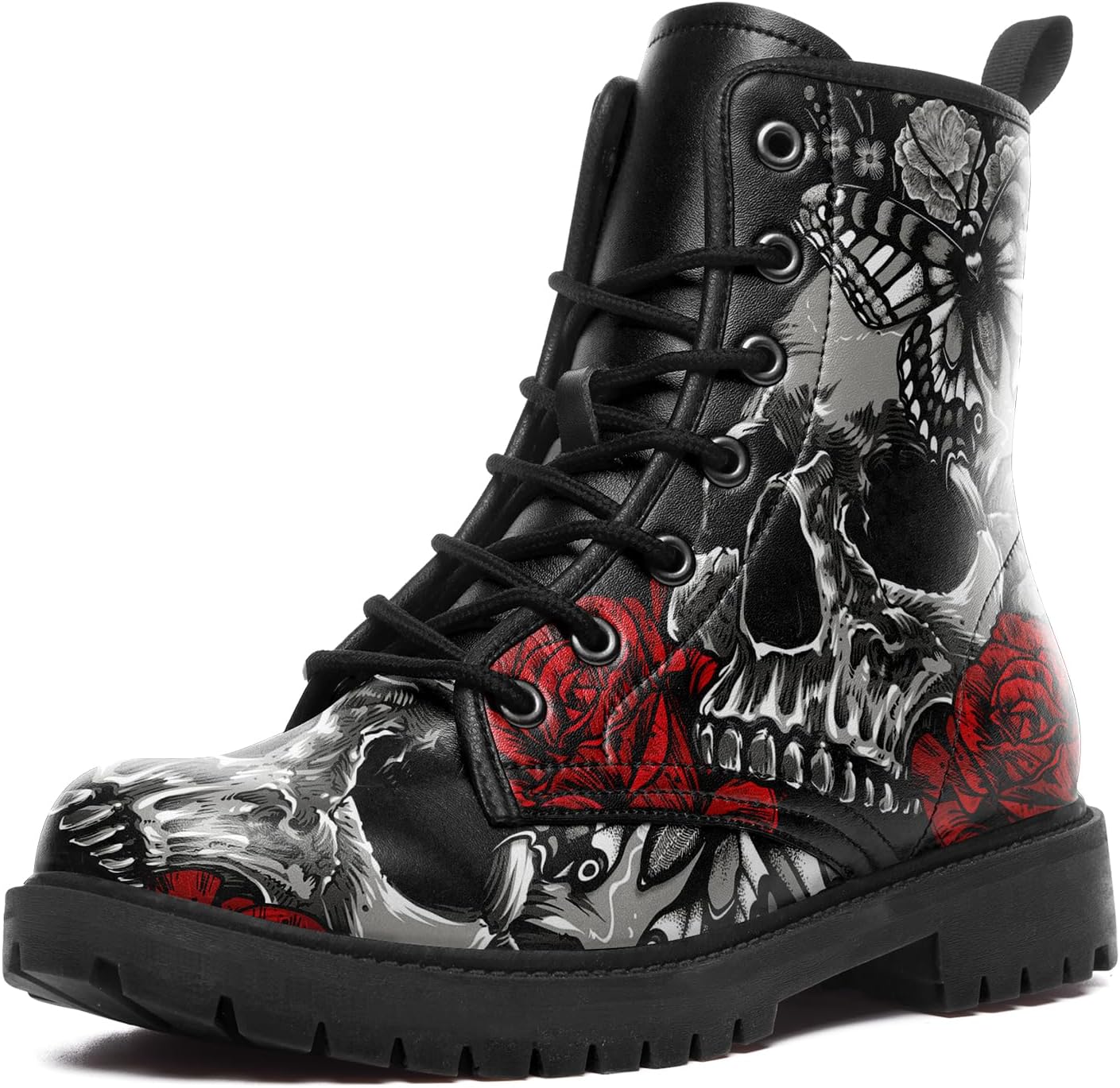 Custom Black Combat Boots for Women Fashion Lace-Up Skull Rose Ankle Booties Chunky Heel Platform Leather Boots