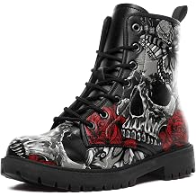 Custom Black Combat Boots for Women Fashion Lace-Up Skull Rose Ankle Booties Chunky Heel Platform Leather Boots