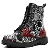 coolcustomize Custom Black Combat Boots for Women Fashion Lace-Up Skull Rose Ankle Booties Chunky Heel Platform Leather Boots