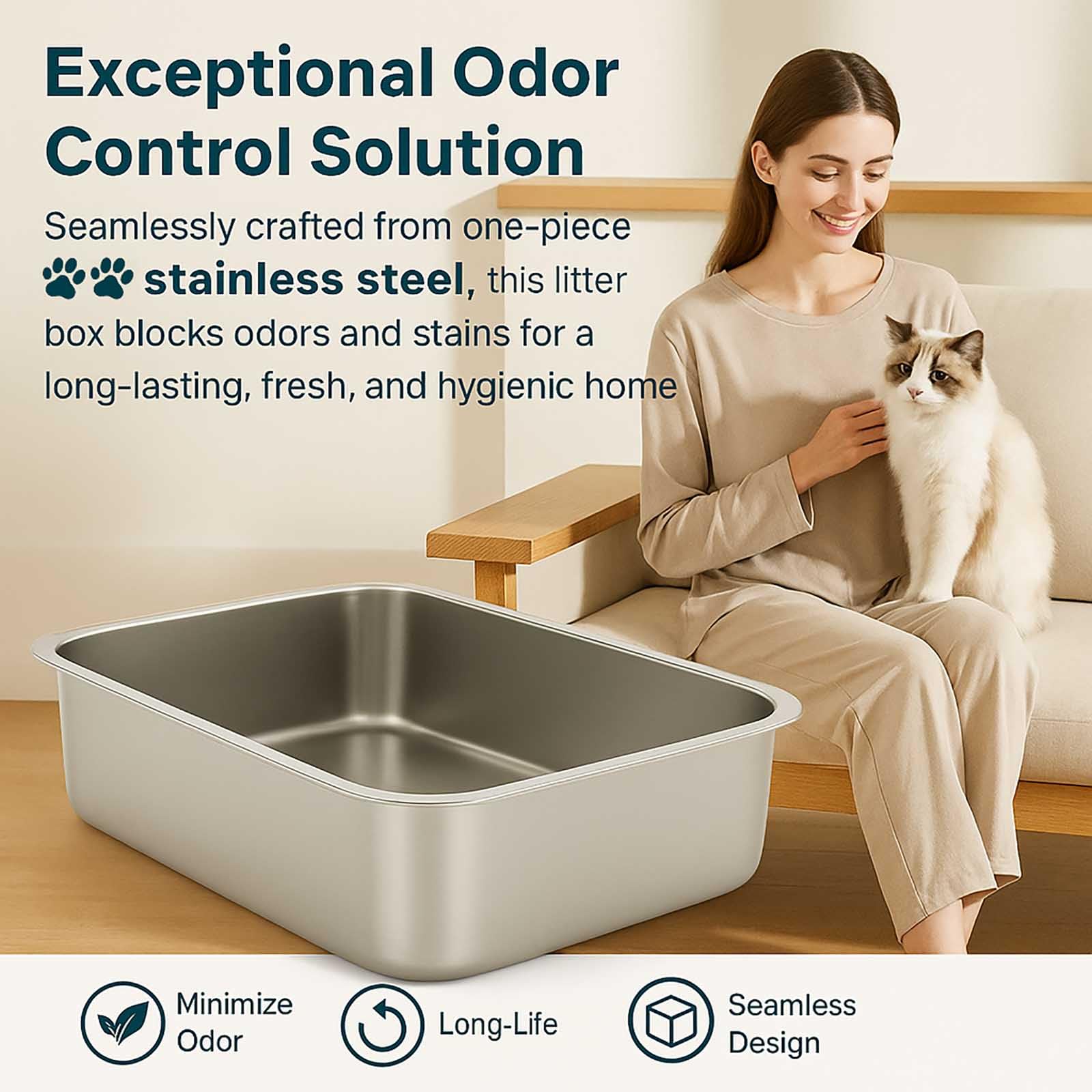 FELIO Stainless Steel Cat Litter Box - Small Kitten Litter Box, 11.6" L×11.6" W×4.2" H, Splash-Proof and Non-Stick Cat Poop Box odorless, Easy to Clean for Kittens, Small Rabbits, Hamsters - image 2