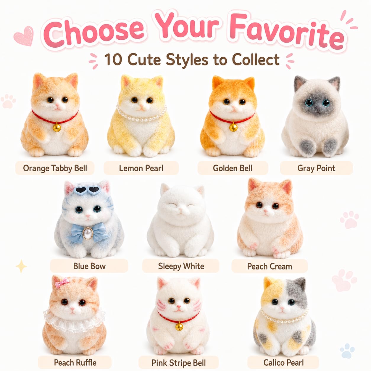 Fuzzy Cat Squishy Toy, Mollige Kitty Squeeze Figur, komplette Kollektion, 10 Stück