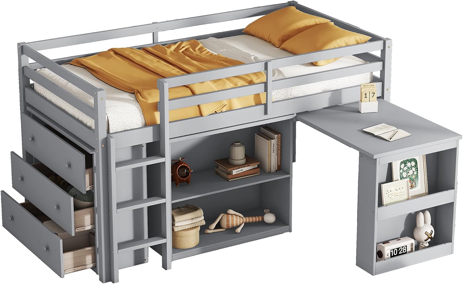 Low Loft Bed with Storage & Rolling Out Desk, Kids Twin Size Loft Beds with Bookcase & Drawers, Rubber Wood Junior Lofts Bed with Dresser/Shelves/Ladder/Guardrails for Boys Girls Teens, Gray