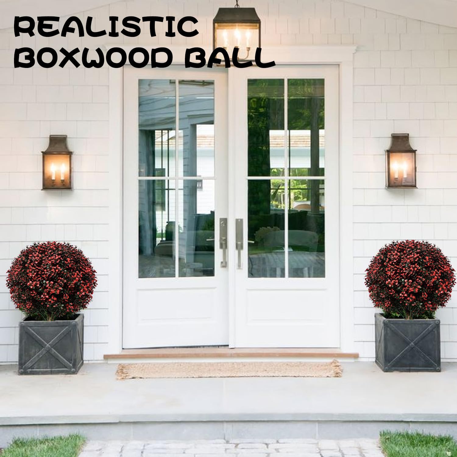 Set of 2 Artificial Boxwood Topiary Trees Outdoor, 24.5'' Red Fake Ball Tree Bushes with Spikes, Faux Plants UV Resistant Evergreen for Home Indoor Pathway Porch Garden Yard Decor