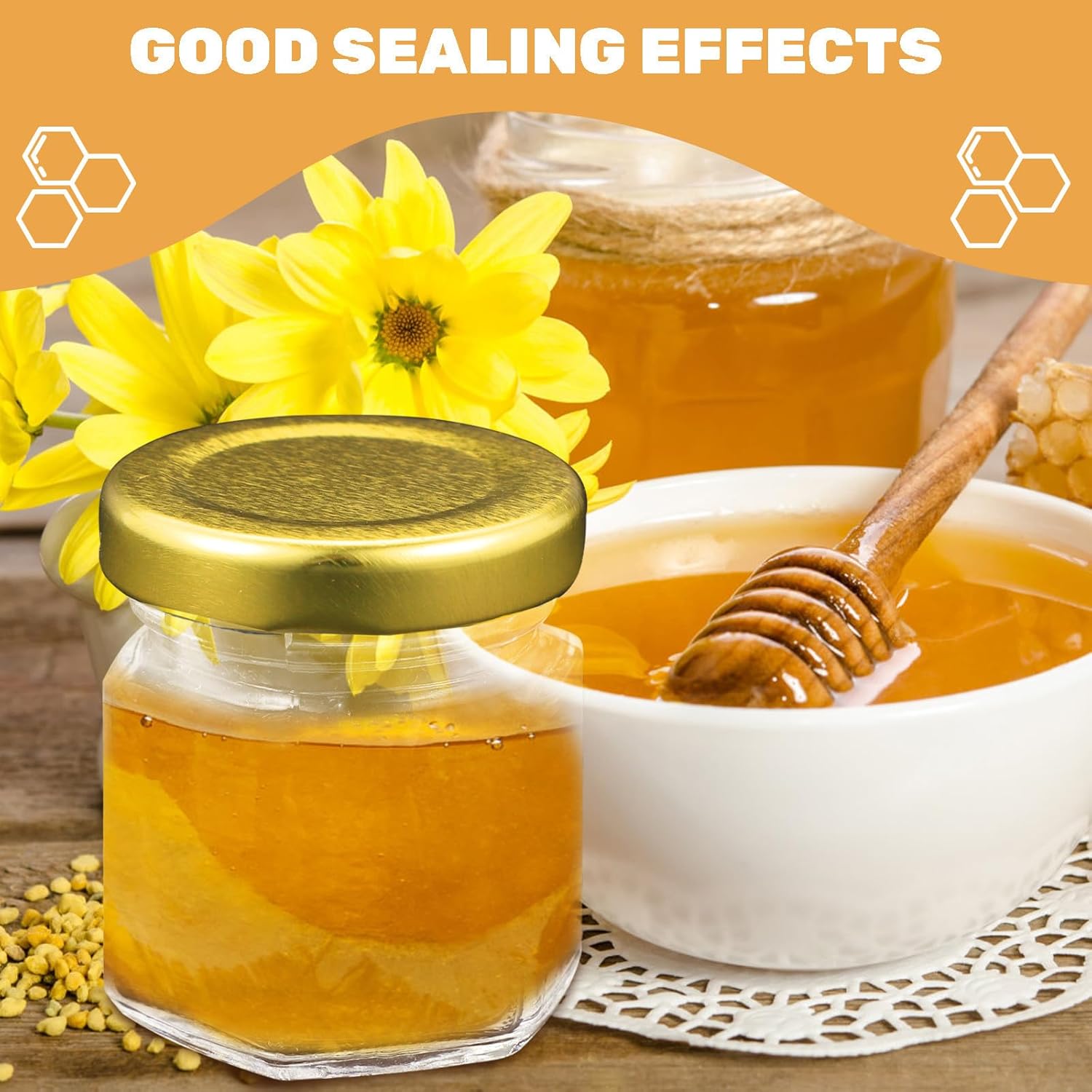 minkissy Glass Honey Jars with Lids 45ml Small Hexagonal Sealed Glass Honey Pots Airtight Food Storage Containers with Gold Lids 20pcs for Kitchen and Jam Preservation