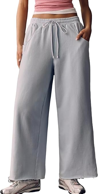 Womens Wide Leg Sweatpants, High Waist Drawstring Casual Pants with Pockets, Loose Fit Comfy Lounge Trousers