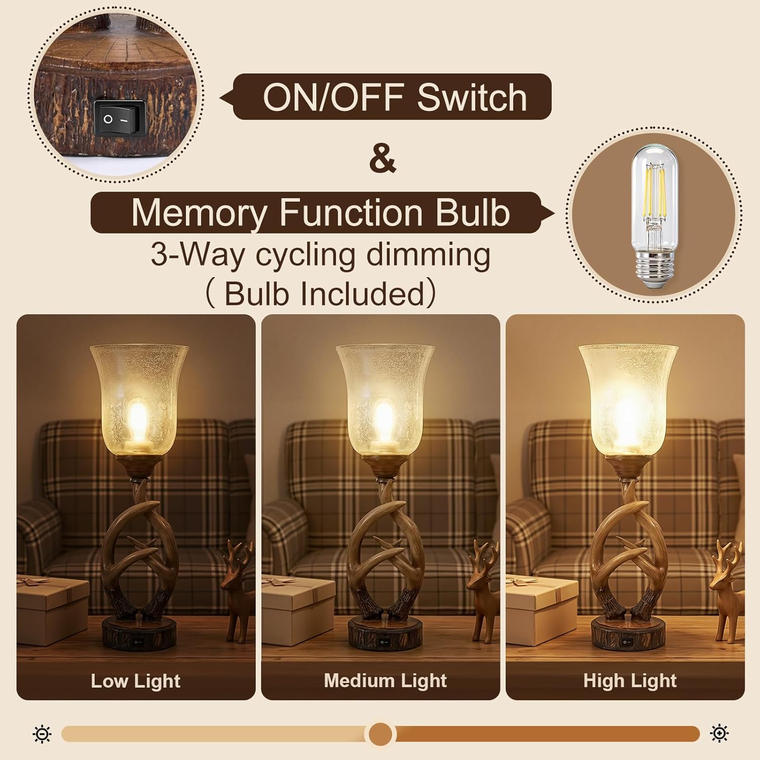 Scenekoy Antler Table Uplight Lamp Set of 2 for Living Room Bedroom, 20.5” Resin Memory Function Bedside Lamps with Glass Shade, Rustic Nightstand Lamp with USB Ports for Home Decor (Bulb Included)