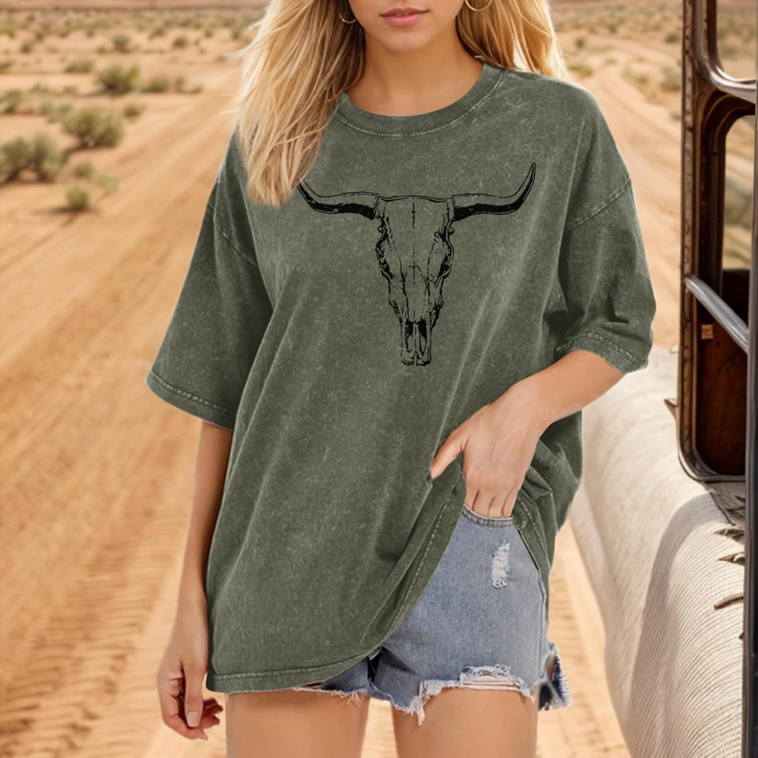 Western Cow Skull Shirts for Women Oversized Cowgirl Country Concert Vintage Graphic Tees Cowboy Rodeo T Shirt Tops - Image 4