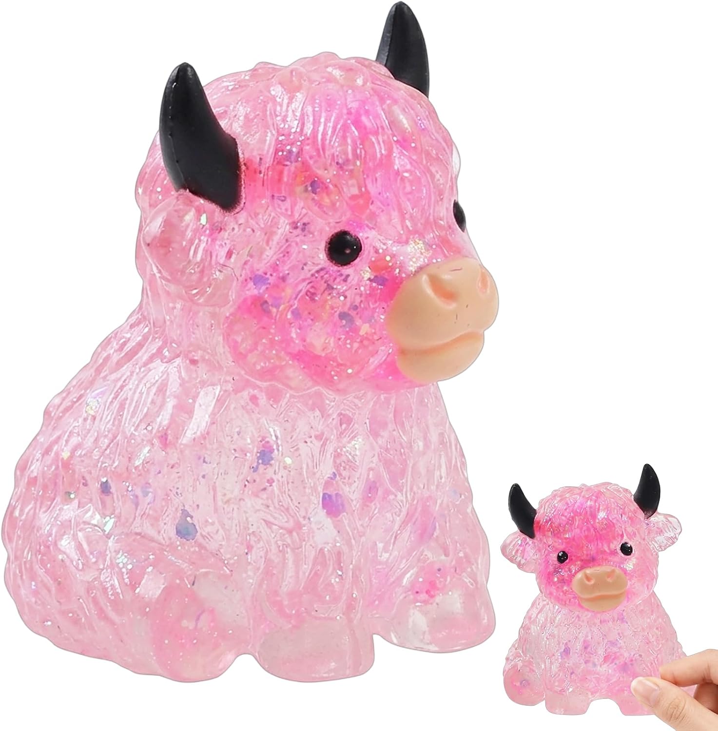 Highland Cow Squishies, Cow Squishies Stress Relief Tool with Glitter Details, Slow-Rising Fidget Ball for Anxiety Management, Portable Pink Desk Decor for Cow Lovers and Collectors