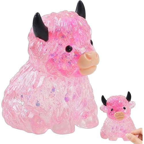 Highland Cow Squishies, Cow Squishies Stress Relief Tool with Glitter Details, Slow-Rising Fidget Ball for Anxiety Management, Portable Pink Desk Decor for Cow Lovers and Collectors
