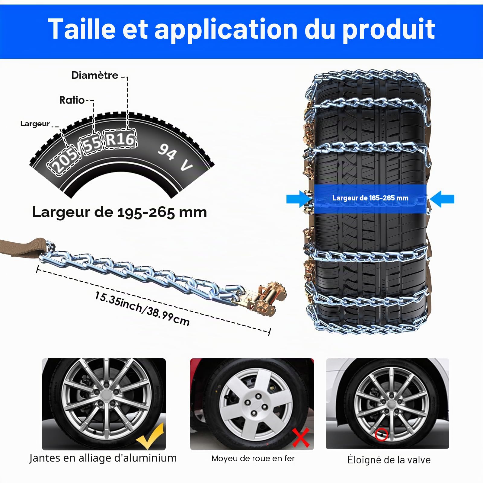 Manganèse Chaine Neige 10 pièces Ninonly pour Pneus 165 à 265 mm Chaînes à Neige pour Auto Voiture Camion SUV Chaine Neige Universelle pour Boue, Sable, Neige, Glace, Montée