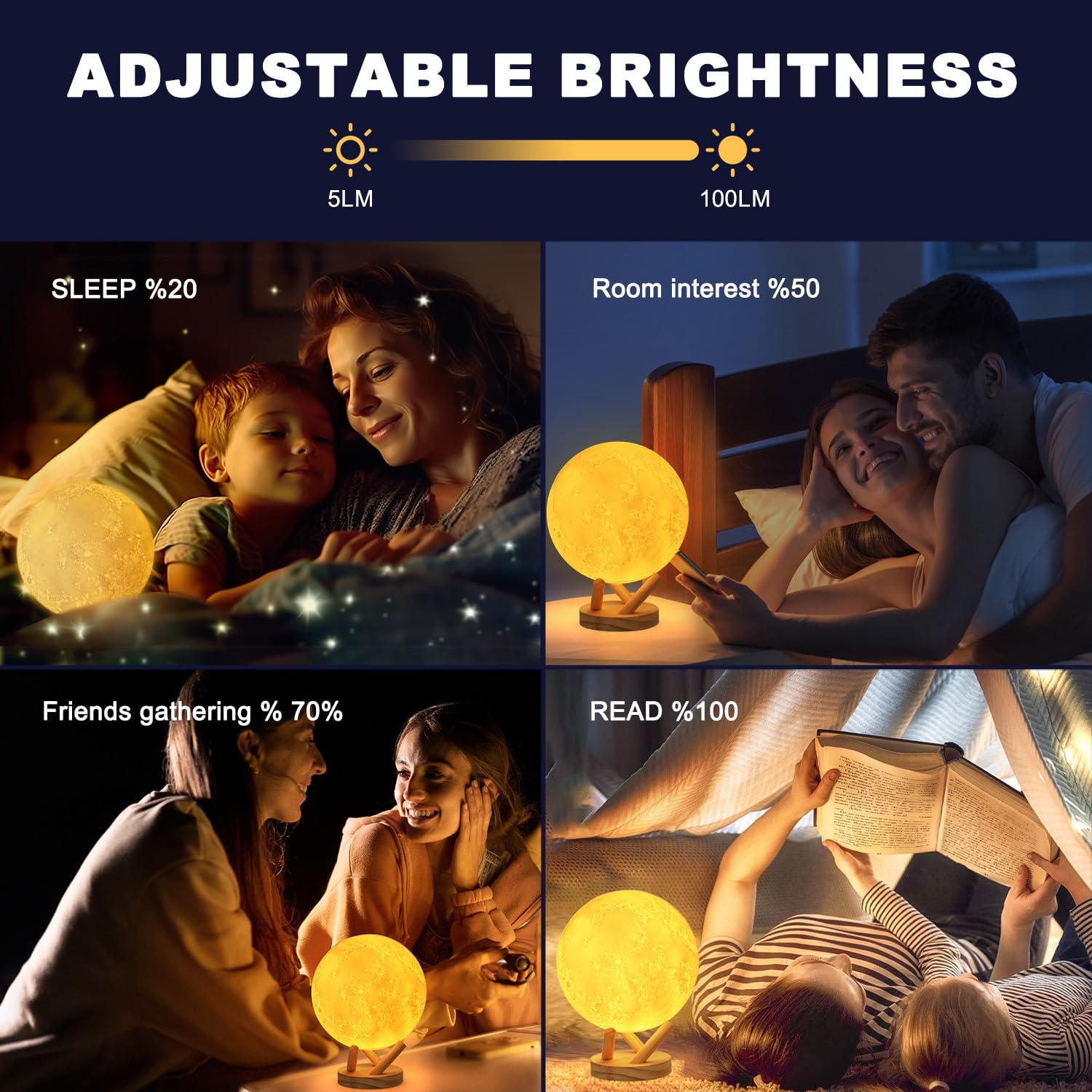 Lámpara de luna, luz nocturna de 16 colores, lámpara de luz 3D, control táctil y remoto, con soporte de madera, LED regulable | Ajuste de tiempo, luz nocturna para oficina/hogar/regalo para