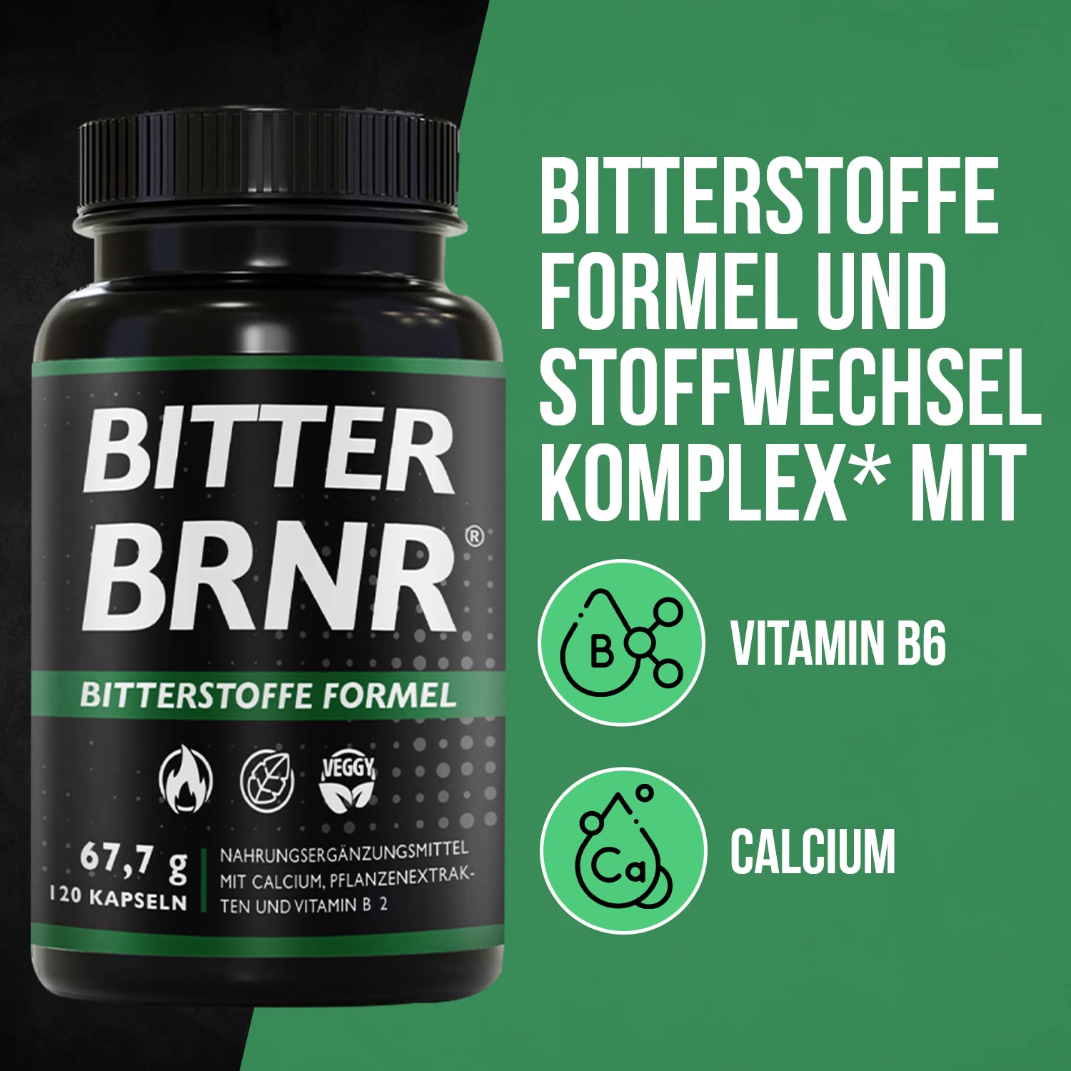 BRNR BITTER BRNR Bitterstoffe Formel und Stoffwechsel Komplex mit Vitamin B2, Verdauungsenzyme mit Calcium, Alternative zu Bitterstoffe Tropfen, 120 Kapseln