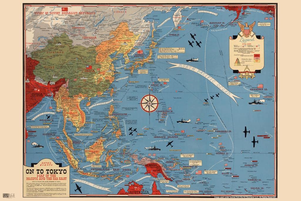 Historical World War Battles Pacific Map Educational Information Chart Cool Wall Art Print Poster 16x24