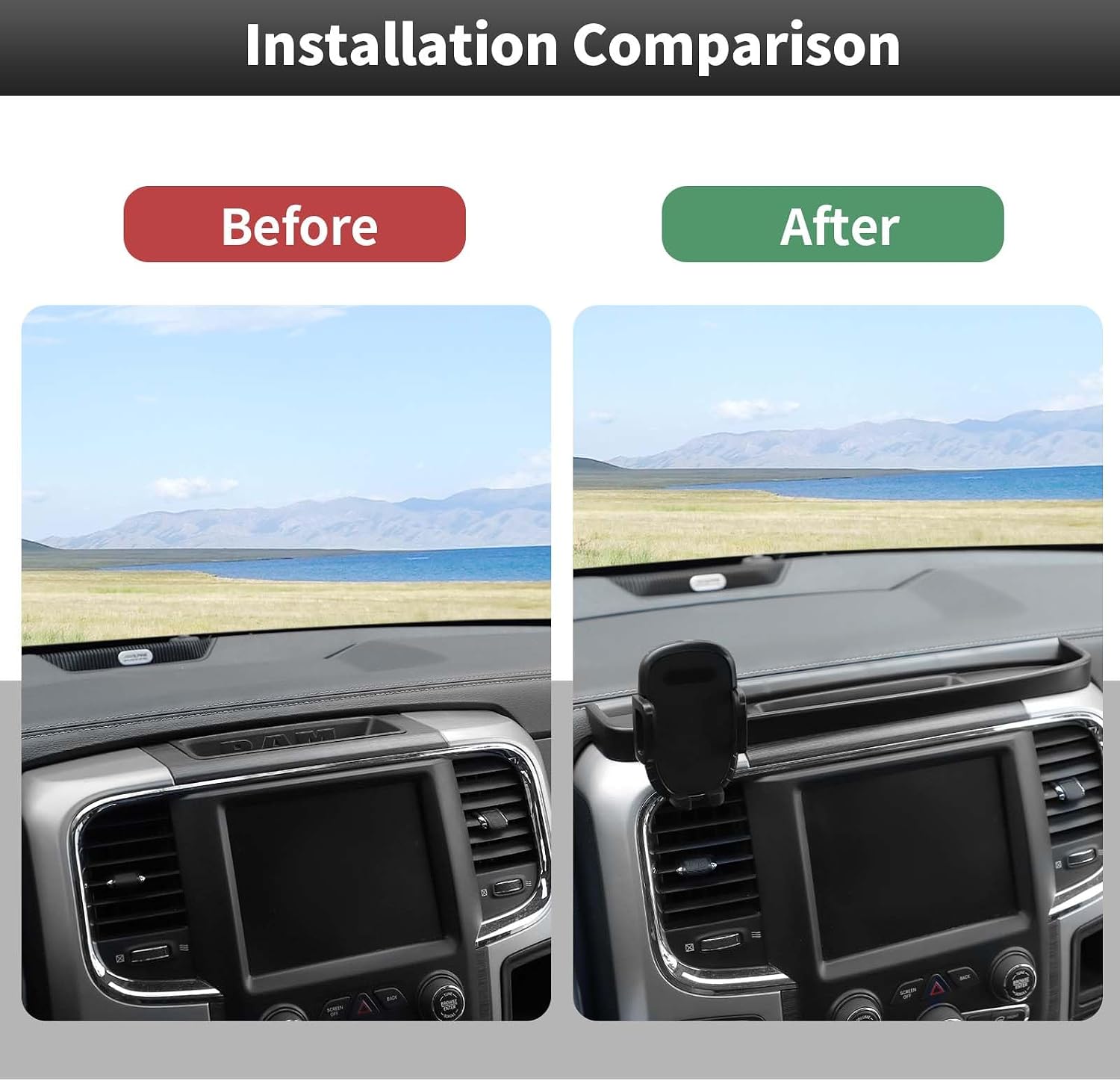 CheroCar for Ram Phone Holder, Phone Mount Storage Tray Multi-Mount Dash Holder Cellphone System Kit Compatible with 2010-2017 Dodge RAM,Black-F