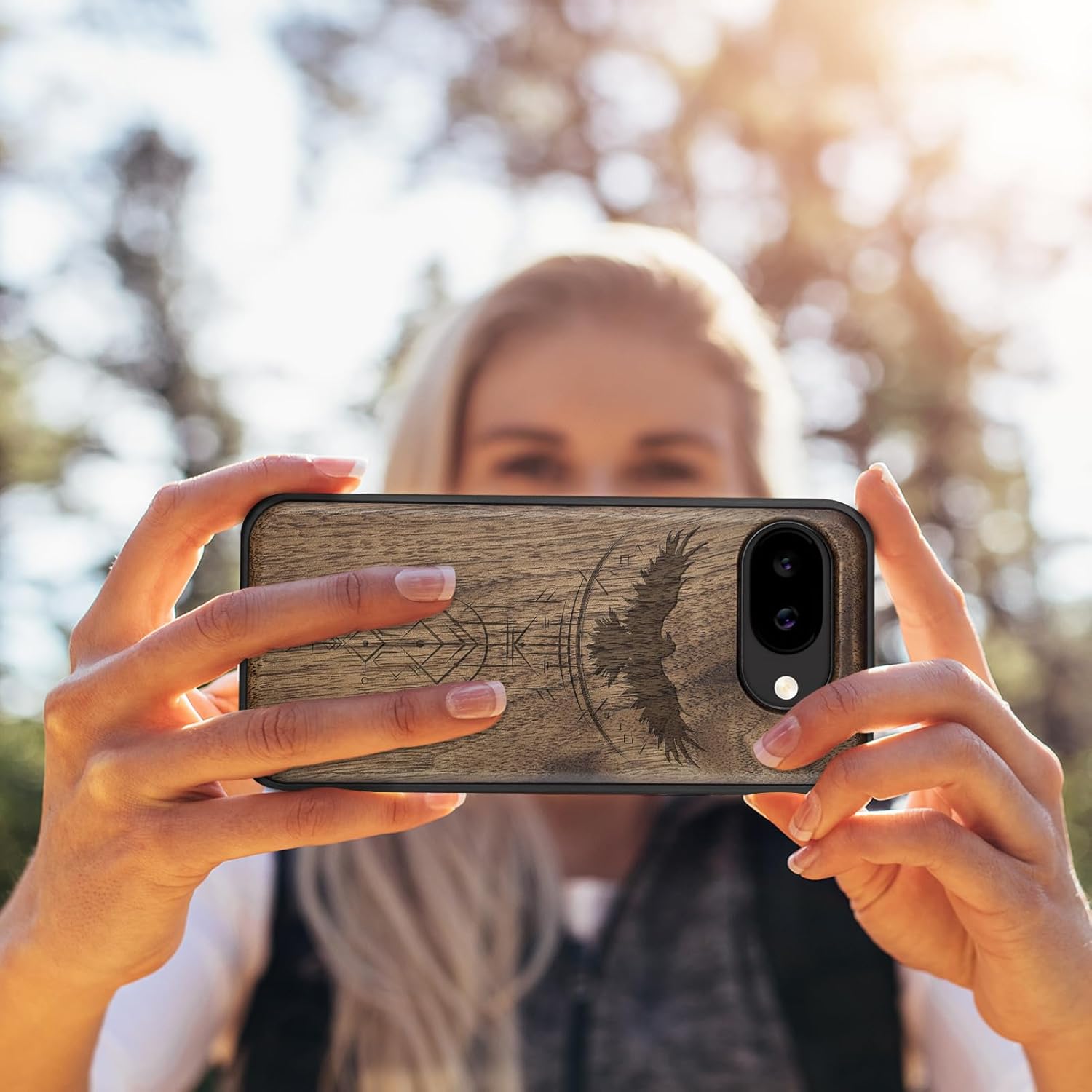 Carveit Magnetic Wooden Case for Google Pixel 10a Case, Wood Artisan Engraved & Soft TPU Shockproof Cover, Compatible with MagSafe Wireless Chargers (Norse Symbols) Walnut