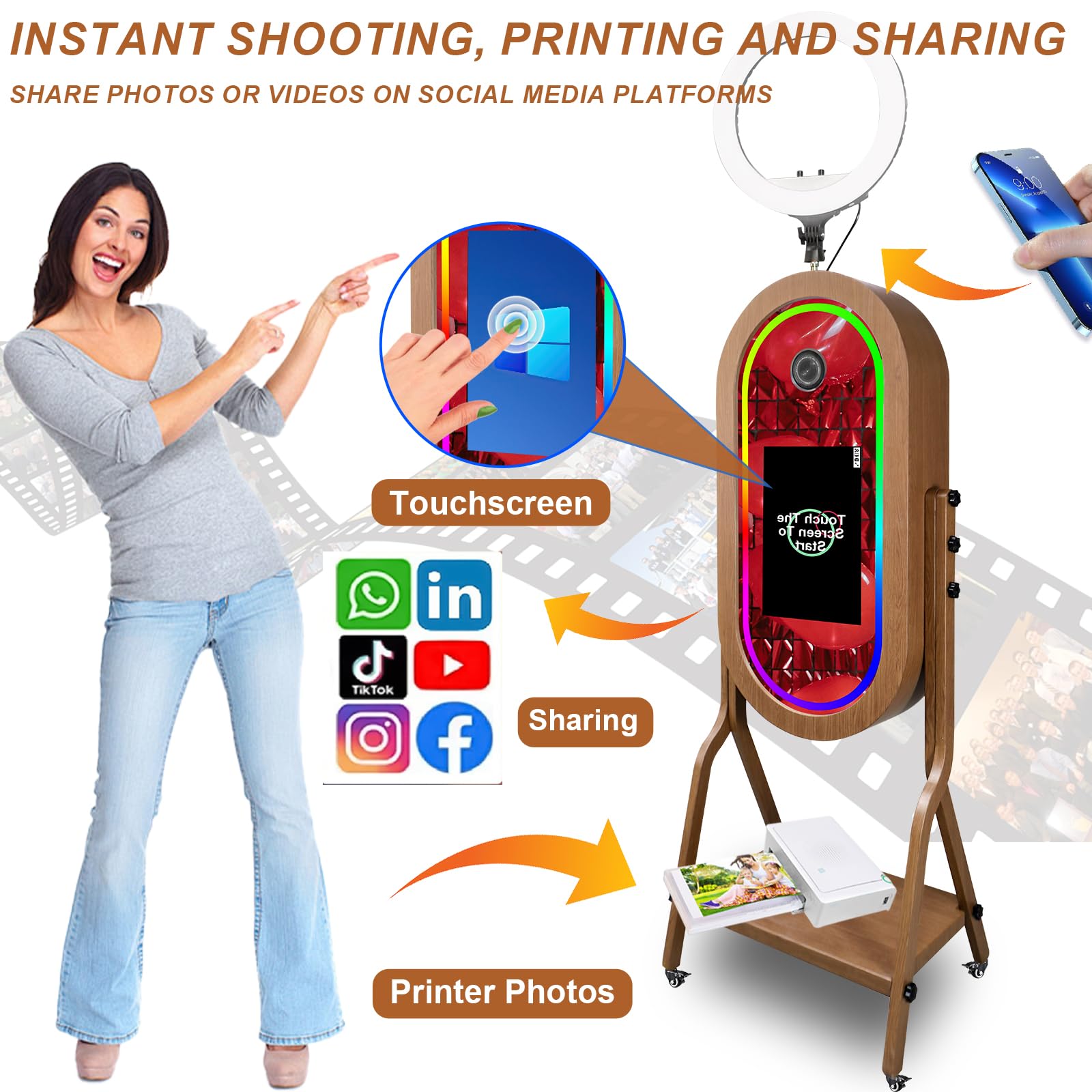 Cabina de fotos portátil con espejo mágico con pantalla táctil de 21.5 pulgadas, embalaje de funda de vuelo, cabina de fotos con espejo para selfie, cabina de fotos para bodas, fiestas