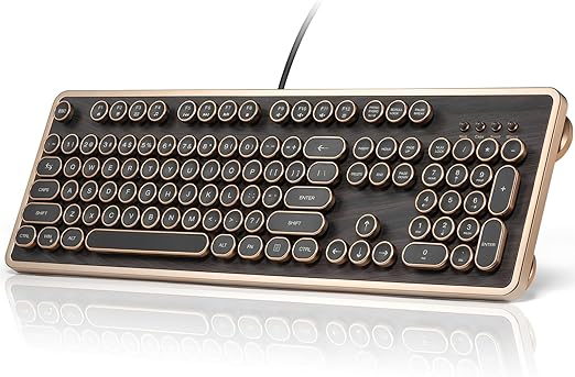 RK104 Retro Mechanical Keyboard, Wired Full-Size 104 Keys with Typewriter Round Keycaps, Wooden Grain, N-Key Rollover, Green Linear Switches, Ideal for Retro Lovers