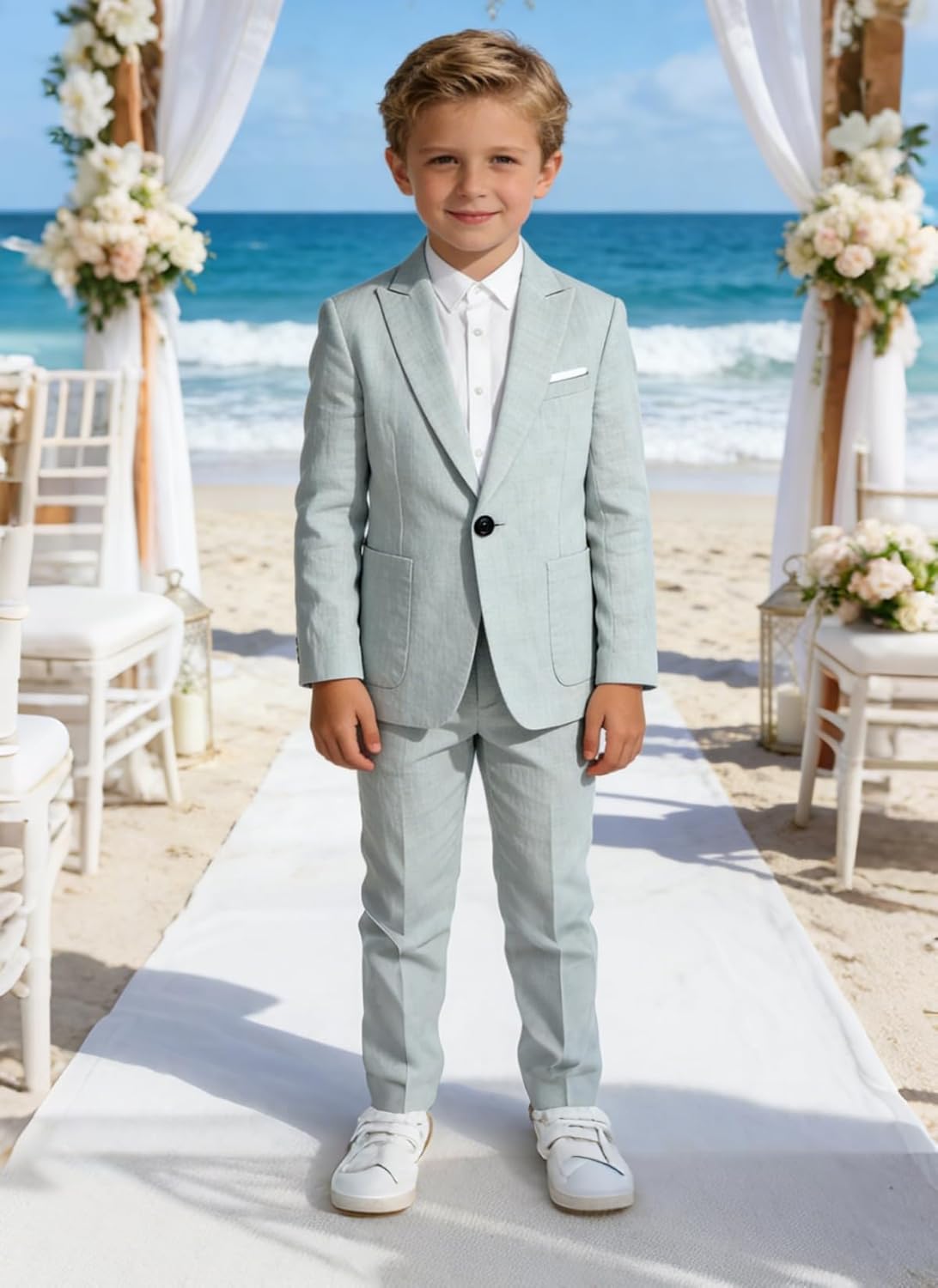 Kids Linen Suits for Toddler Boy 2 Piece Slim Fit Summer Outfit for Teen Casual Beach Wedding Tuxedo Jacket Pants Set