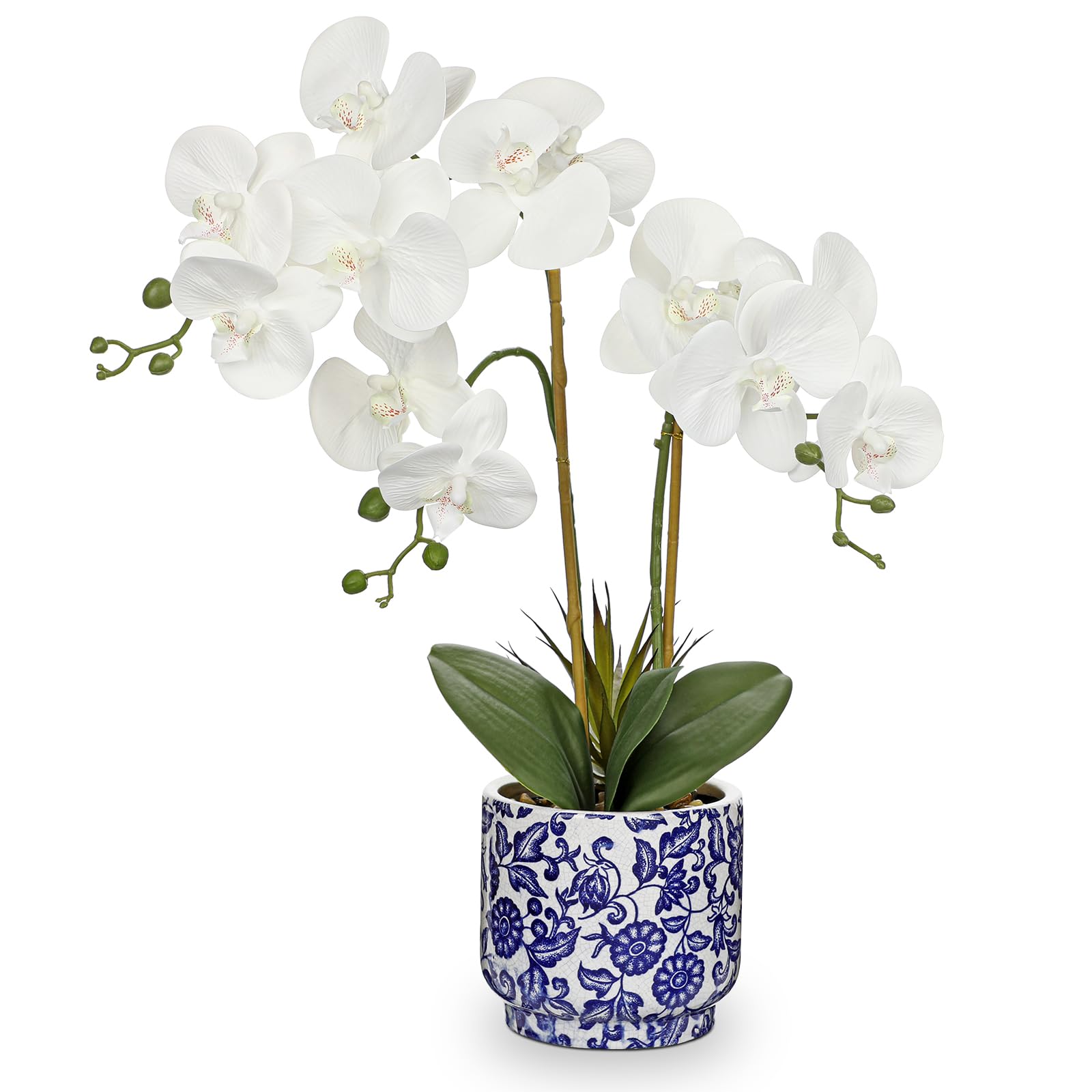 Oairse Orchid Artificial Flowers in Pot 19.6" White Orchid with Blue and White Ceramic Pot Fake Orchid Plant Silk Faux Phalaenopsis for Home Office Kitchen Bathroom Table Centerpiece Decoration