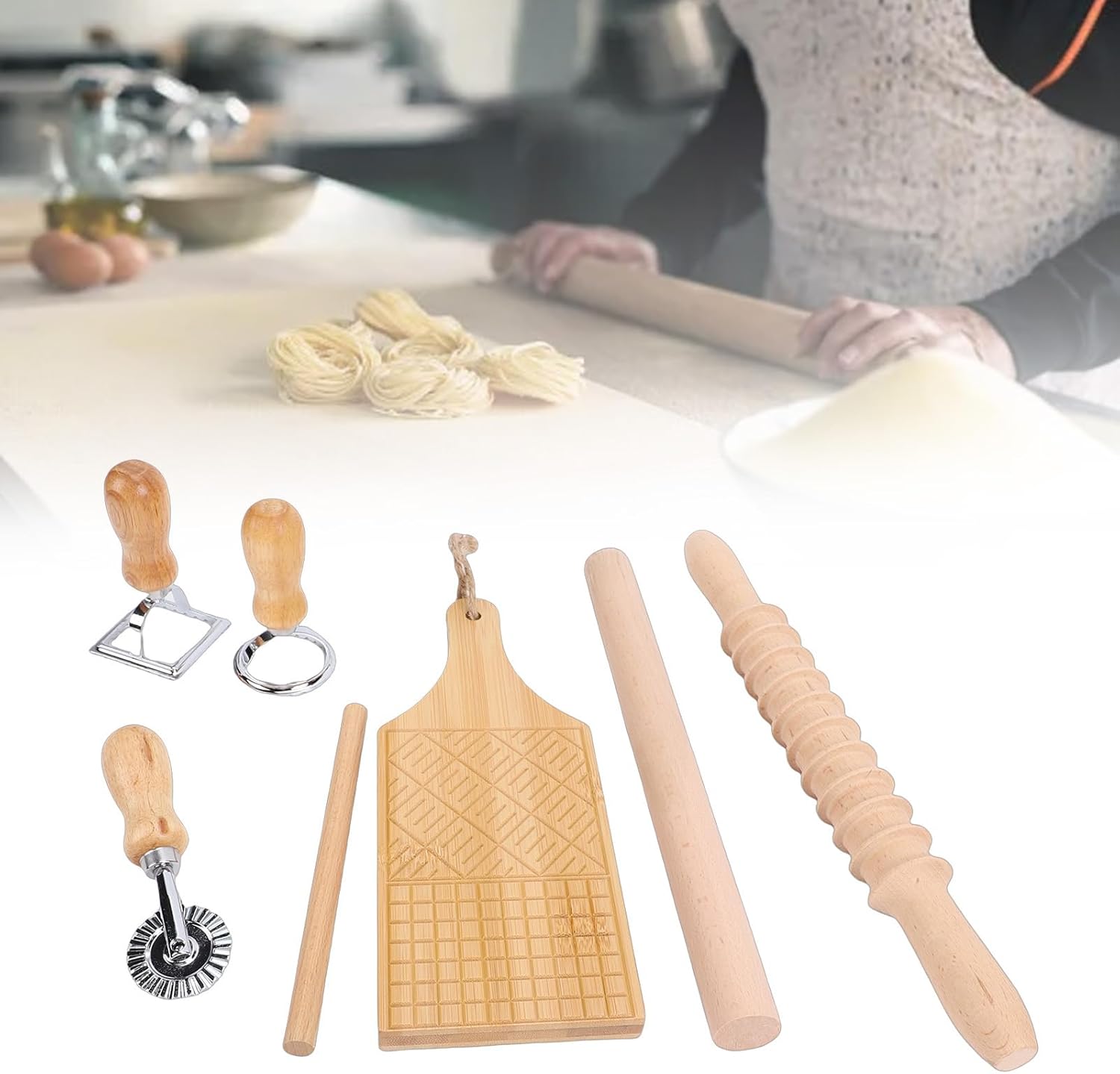 BAFOVY Pasta Maker Tool Kit Wooden Pasta Cutter Stainless Steel Dumpling Maker with Rolling Pin for Home Kitchen Cooking Baking