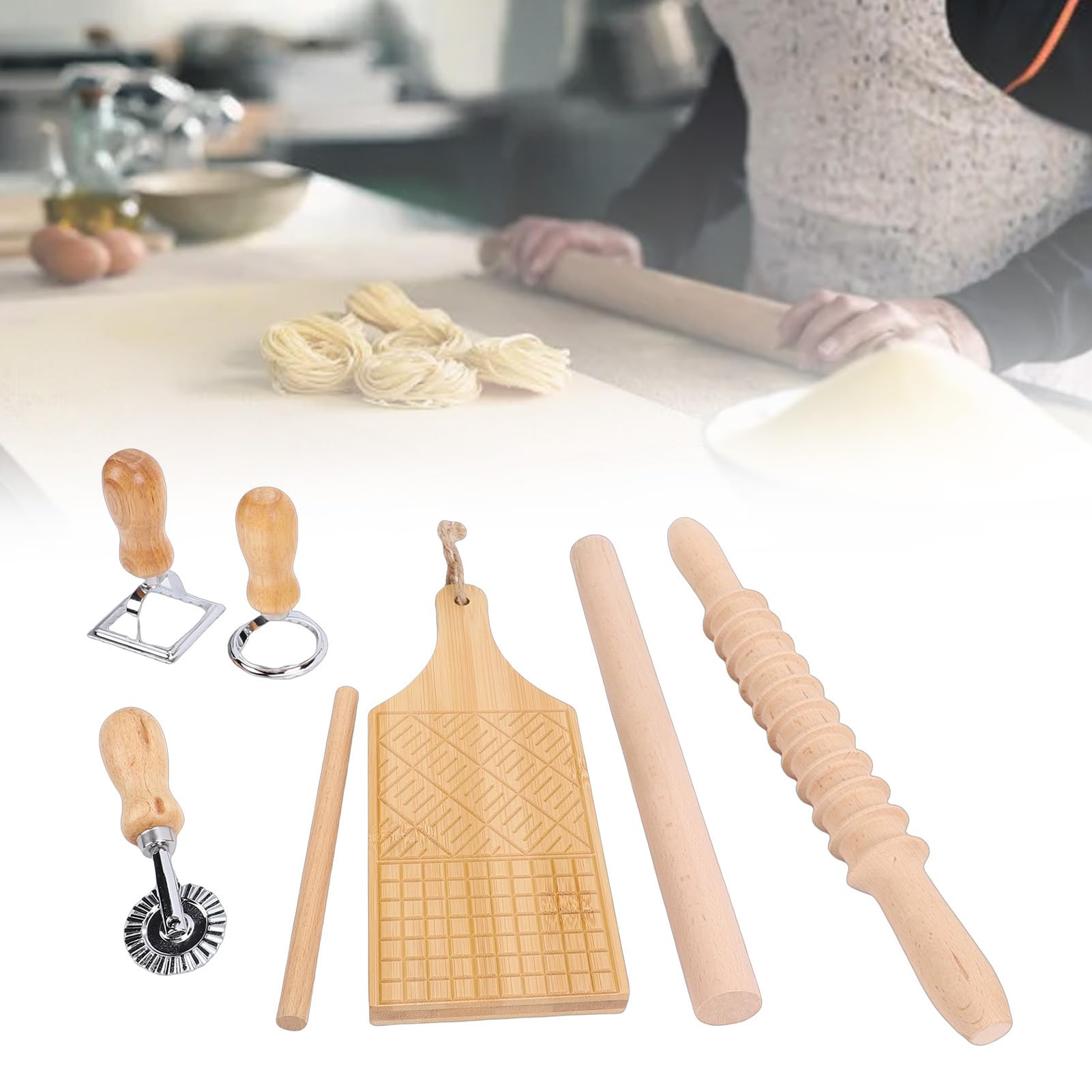 Kit di Strumenti per Fare la Pasta, Rullo per Pasta in Legno Multifunzionale per Ravioli in Acciaio Inossidabile, con Impugnatura per la Cottura della Domestica