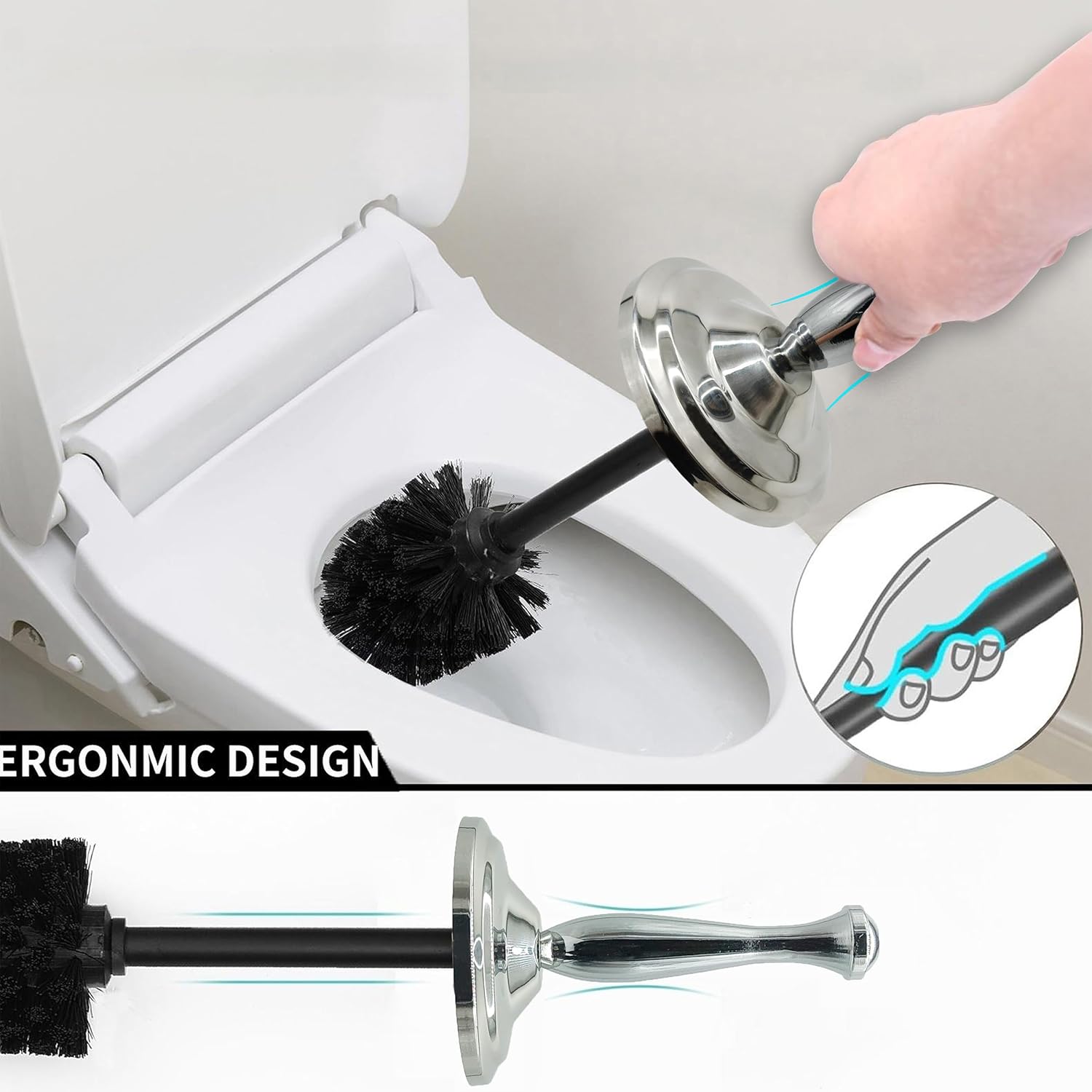 Chrome Silver Metal Toilet Bowl Brush with Handle Lid Holder, Durable Bathroom Cleaning Tool for Easy Toilet Maintenance, Bathroom Toilet Brush for Efficient Cleaning and Hygiene