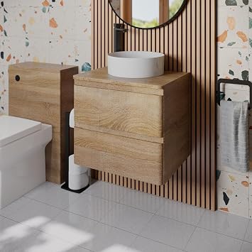 Affine  600mm Vanity Unit Bathroom Wall Mounted Storage Cabinet Cupboard Cloakroom, Soft Close Drawers, Lyon White Countertop Basin Sink, Oak Effect