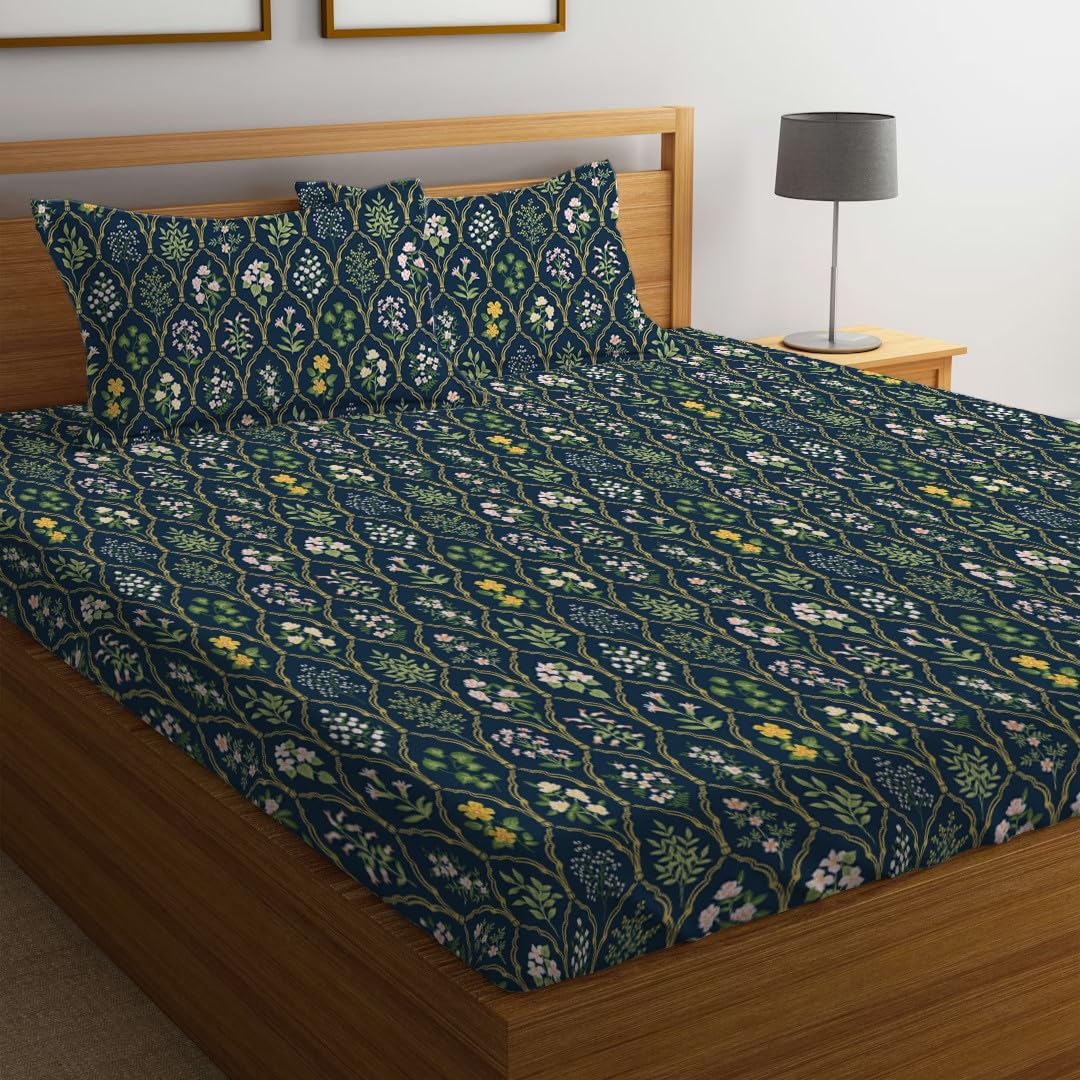 LOOMLYFE 300 TC Cotton Feel Glace Cotton Elastic Fitted Printed King Size Double Bed Bedsheet with 2 Pillow Covers Fits Upto 8 inches Mattress, Size- 72X78 Inches, NavyJaipuri