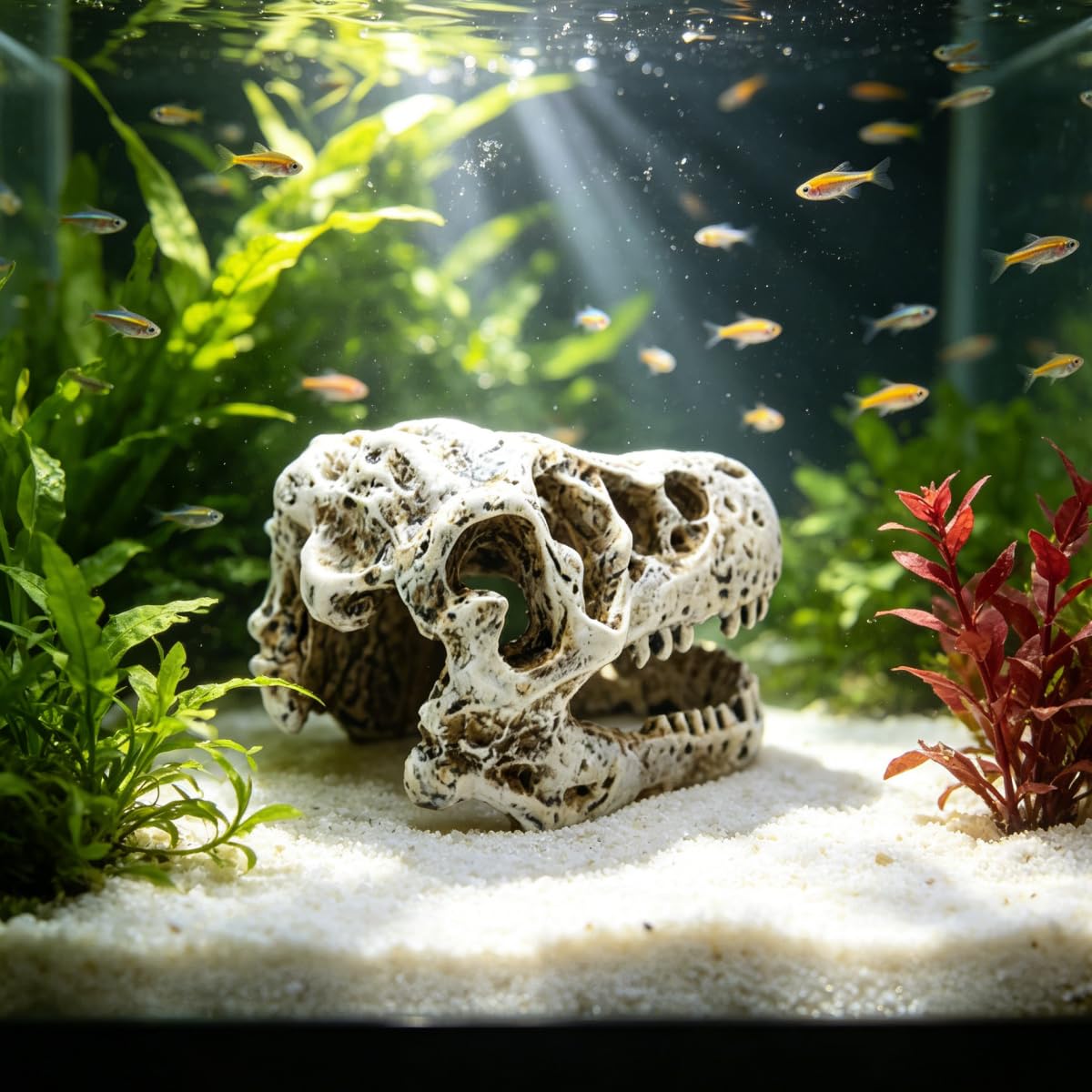 Dinosaurier-Schädel Aquarium Dekoration, Harz Fischbecken Deko, 15x9x8cm, Versteck für Fische, Reptilien Unterschlupf Höhle, Set 1 2 4 (Groß 4 STK.)