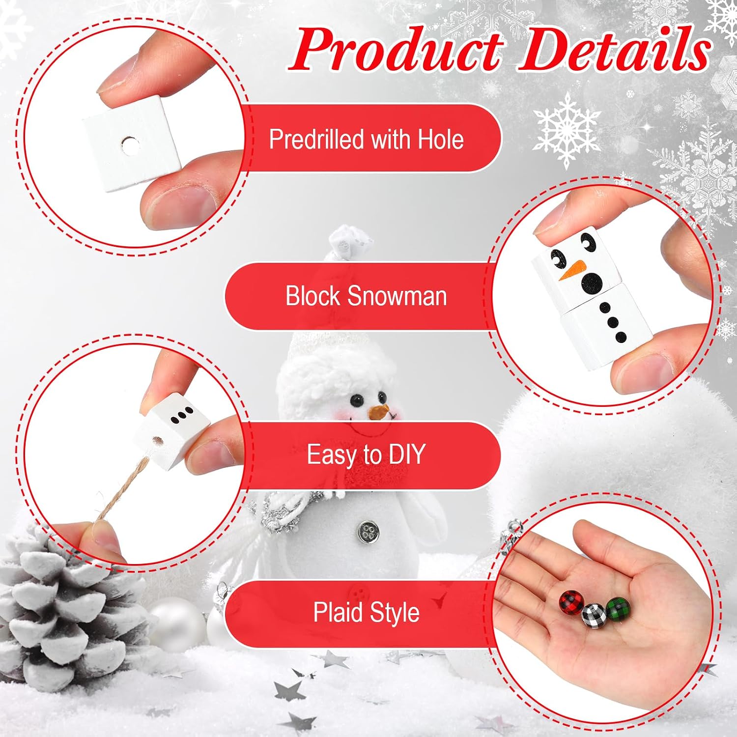 Huwena 300 Pcs Winter Snowman Wooden Beads for Crafts Christmas Wood DIY Beads Ornaments Printed Xmas Snowman with Buffalo Plaid Twine Scarf for Winter Christmas Holiday Party Home Decor