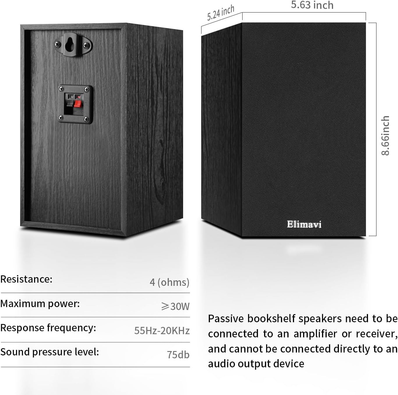 Elimavi Passive Bookshelf Speakers, 2-Way Design with 4" Woofer & 1" Silk Horn Tweeter, 60Hz Bass, Ideal for Home, Office & Theater, Black