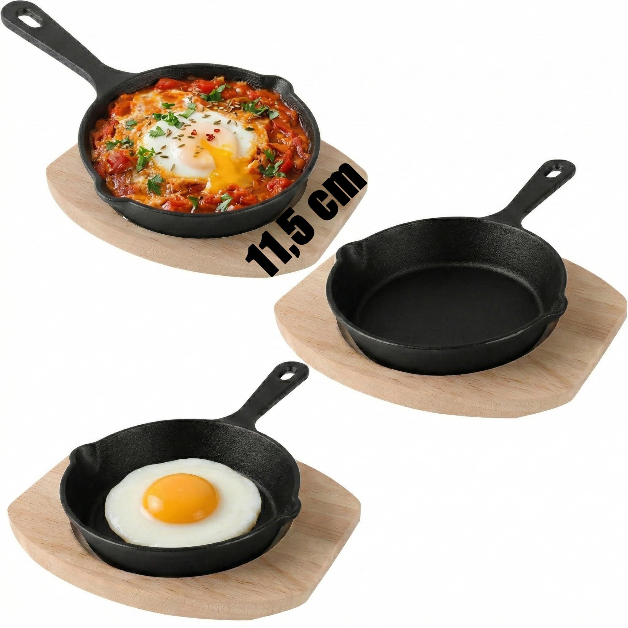 SHUESS Set di 3 padelle in ghisa, piccole padelle in ghisa da 14 cm, con tagliere in legno, piccole padelle a induzione per forno e barbecue, mini padella come padella per uova fritte, mini padella e