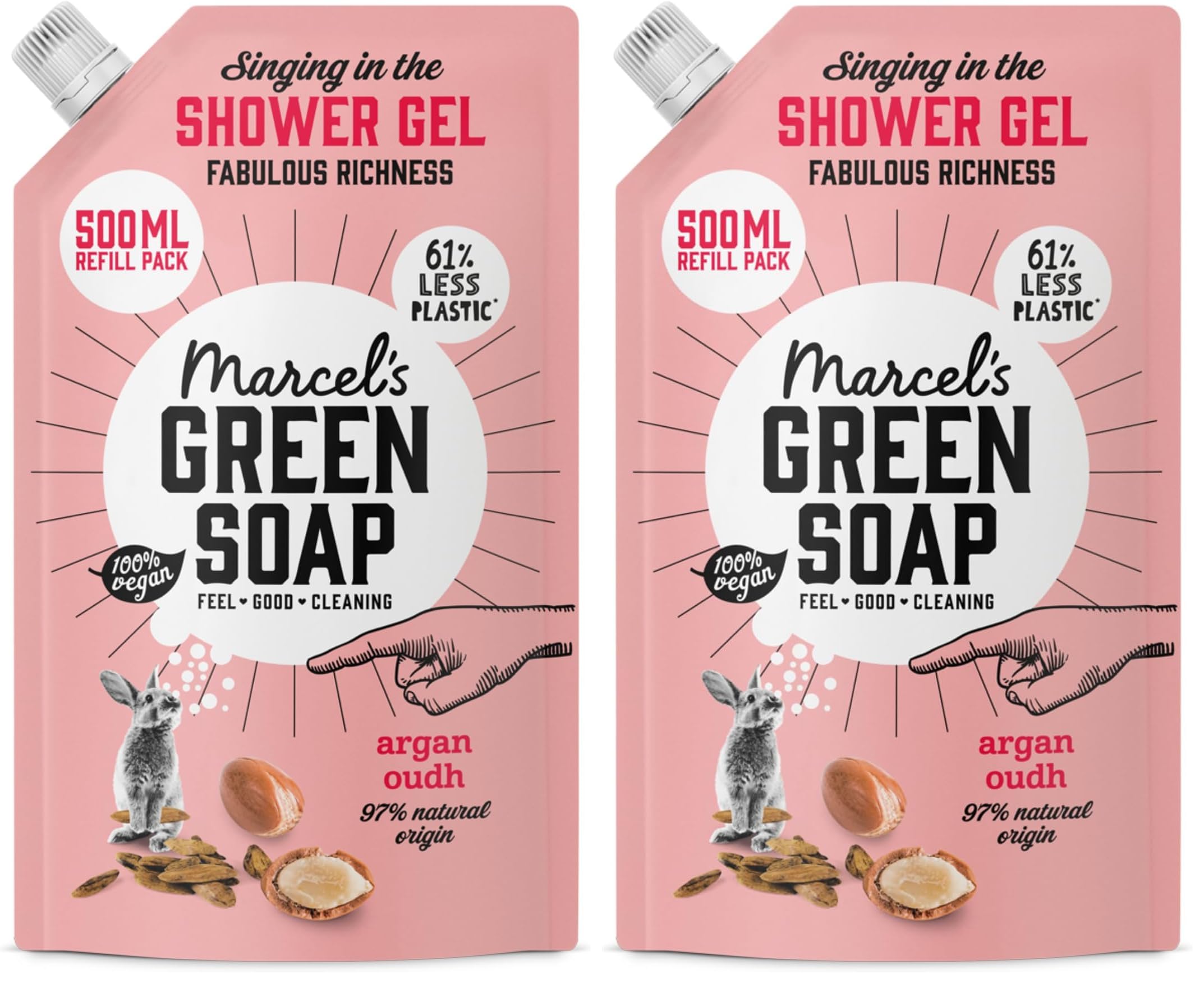 Marcel's Green Soap - Duschgel Nachfüllpack Argan & Oudh - Waschlotion - Umweltfreundlich - Vegan - 98% Biologisch abbaubar - 500 ml (Packung mit 2)