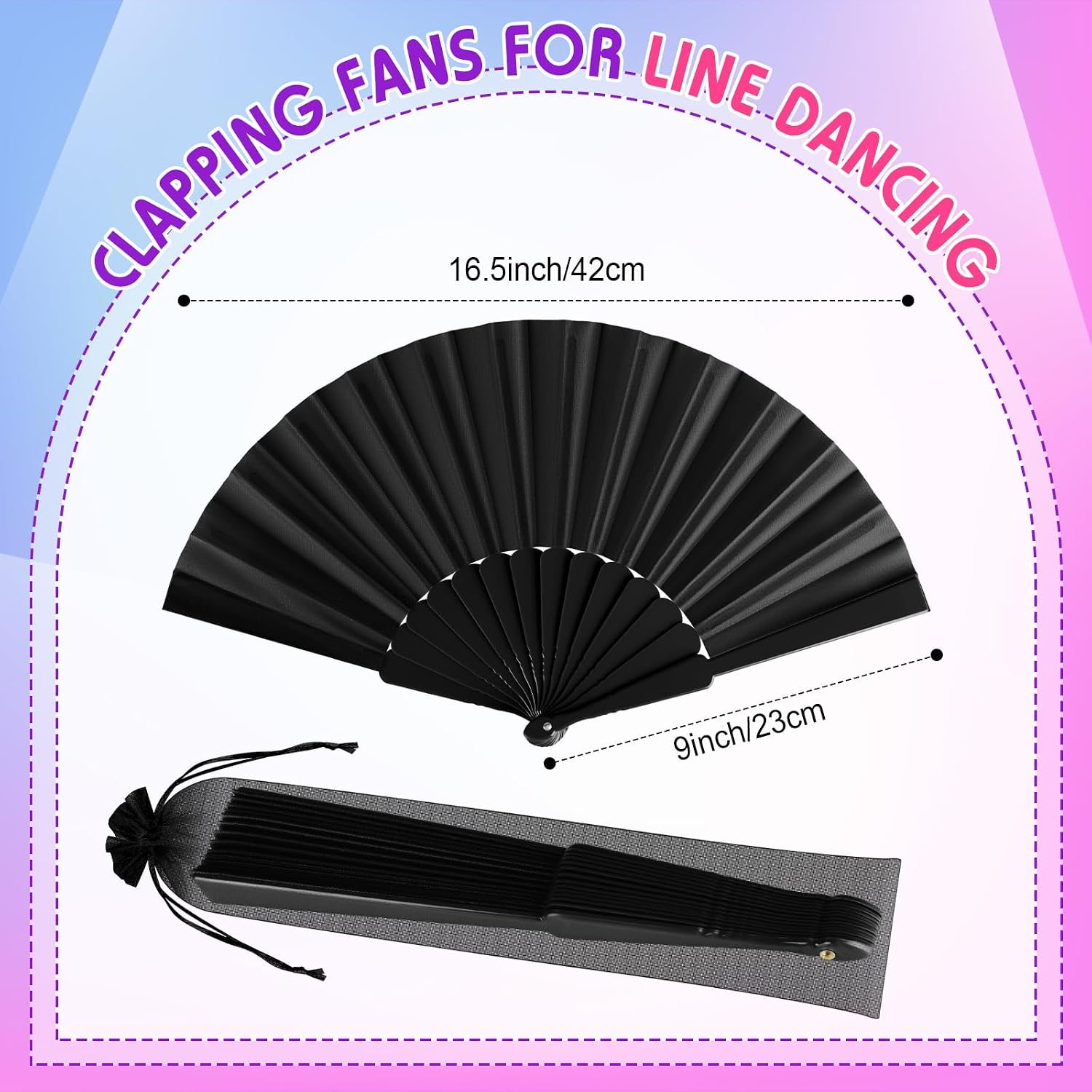 Blulu 30 Pack 9 Inch Clapping Fans for Line Dancing Bulk Foldable Silk Fabric Foldable Line Dance Fan Hand Fan for Women Men Wedding Party Gifts (Black)