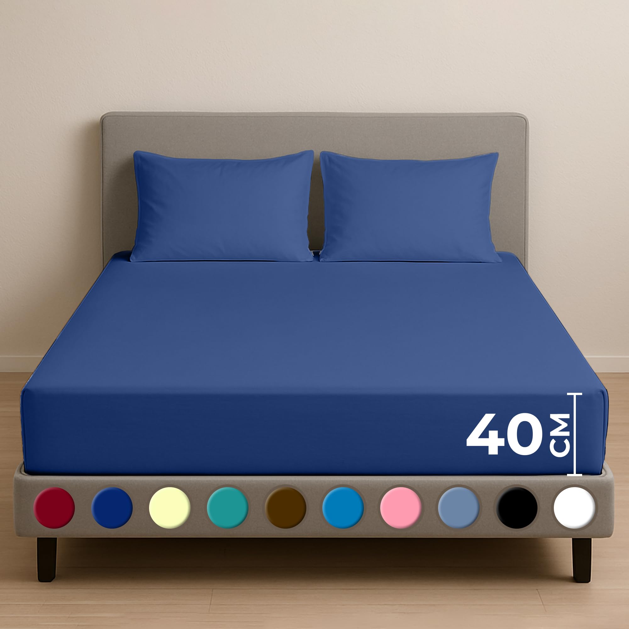 Rohi 40cm Extra Deep Fitted Sheets Double – Soft, Breathable & Anti-Allergy Cotton Blend Fitted Sheet – Elasticated Corners – Wrinkle-Resistant & Easy Care Fitted Bed Sheets (Mid Blue, Double) — image 1