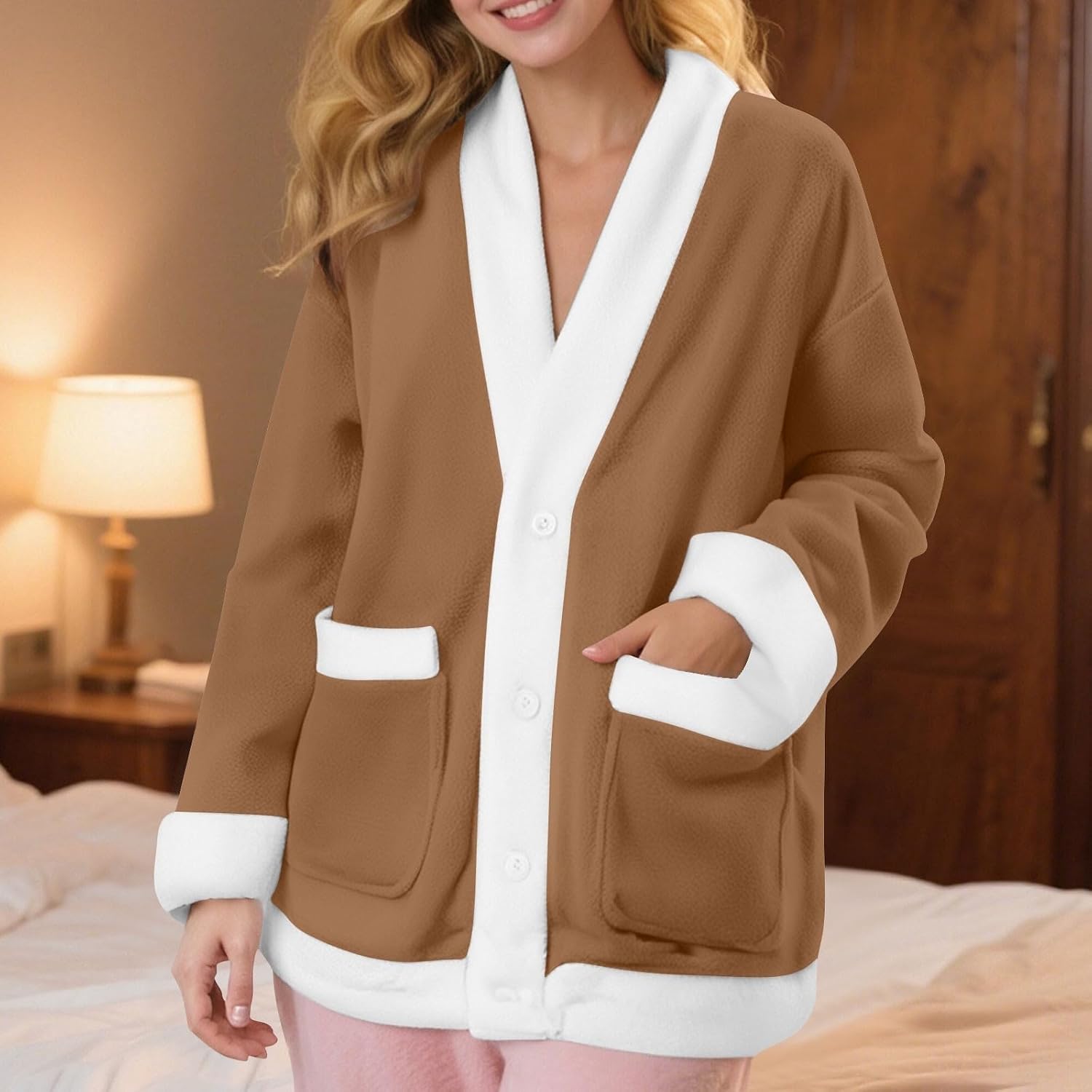 Women's Flannel Pajama Top Plush Long Sleeve V Neck Button Closure Winter Nightwears Home Relaxation Garment Long Sleeve V Neck Tops Sky Blue