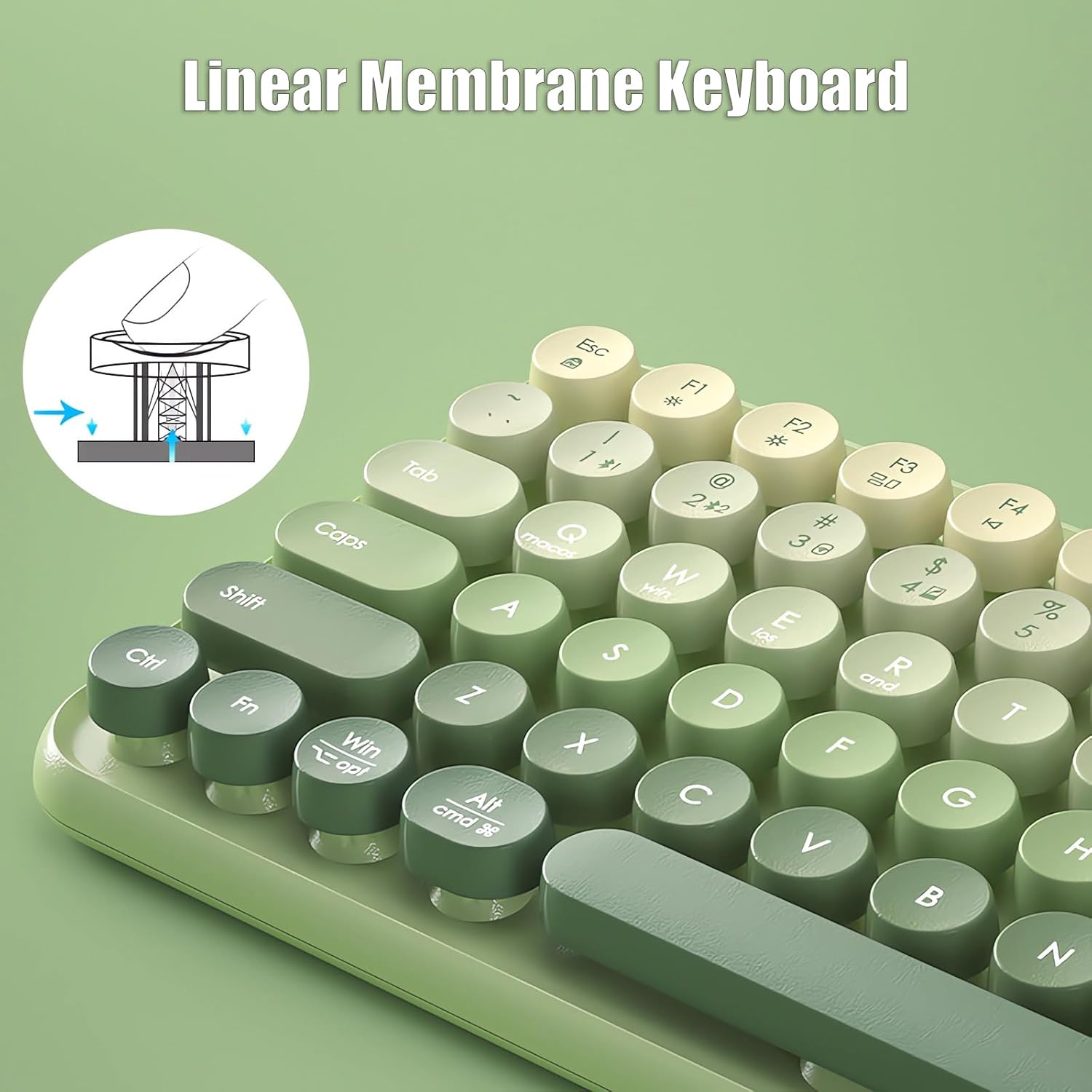 Typewriter Keyboard Wireless 2.4GHz/Bluetooth/USB-C Wired Rechargeable Membrane Gaming Keyboard Linear Mechanical-Feel Switch Compact 85-Key Retro Round Keycaps for Multi-Device, Matcha Green