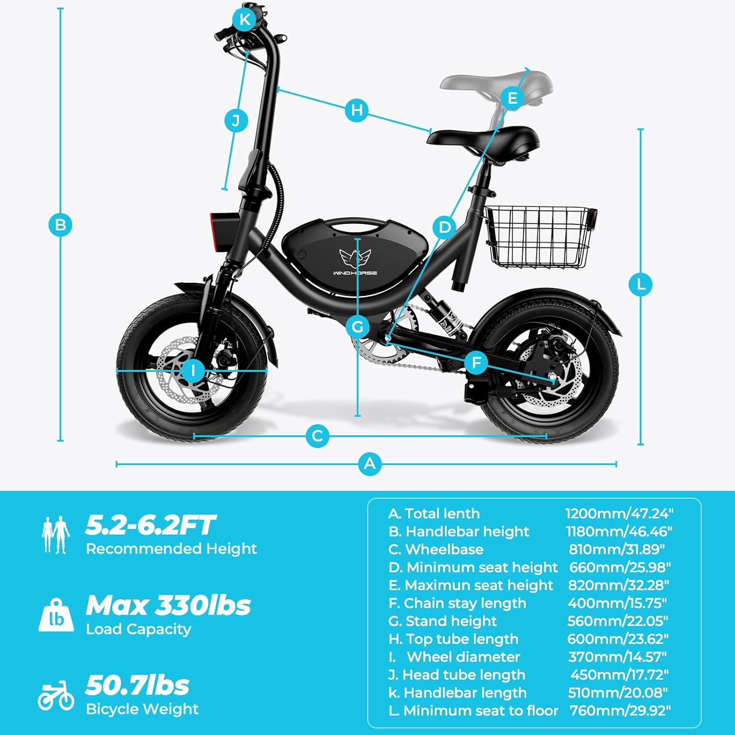 WINDHORSE Electric Bike W3 Dimensions and Specifications