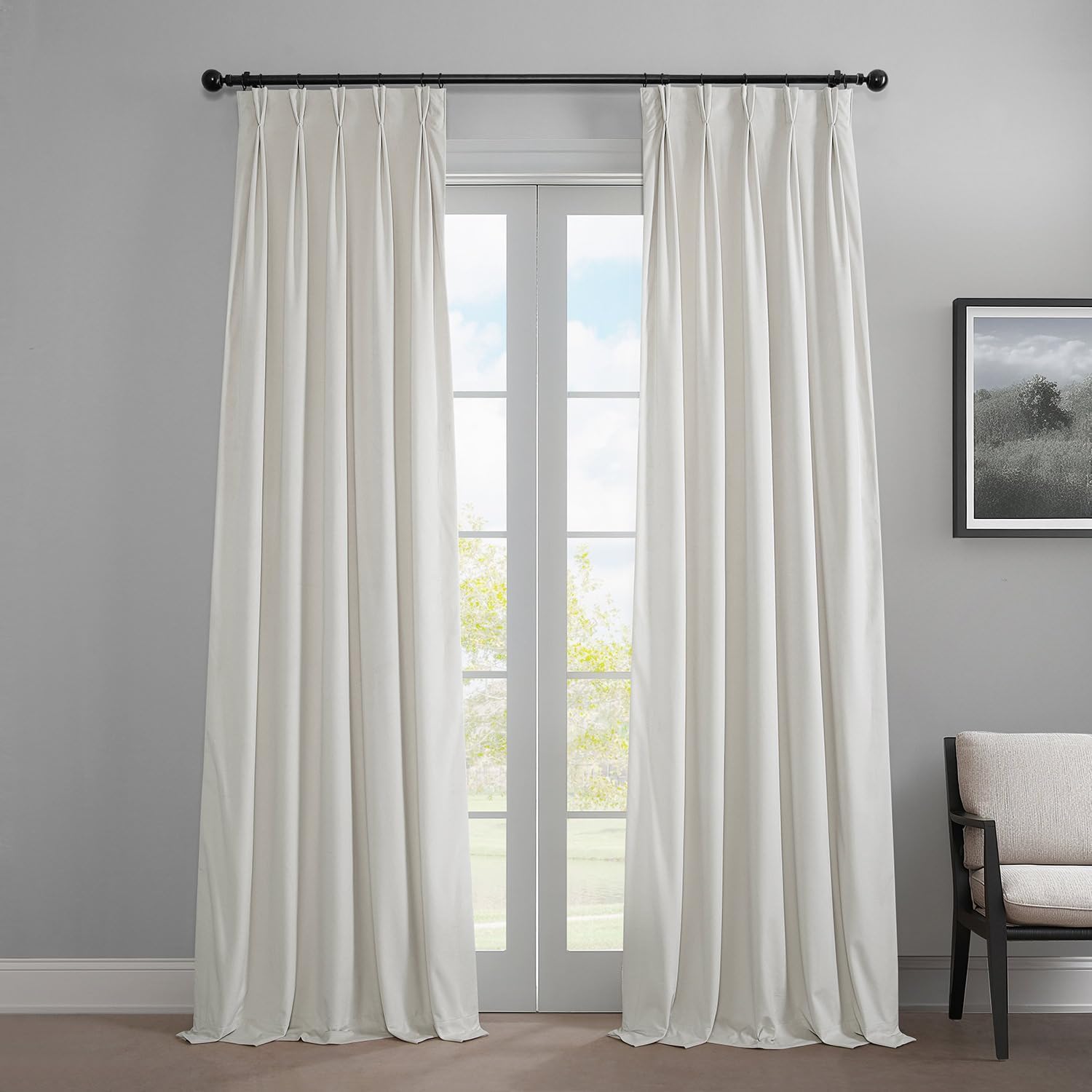 HPD Half Price Drapes Heritage Plush Velvet Curtains for Bedroom (1 Panel) 25 X 84 French Pleat Room Darkening Curtains for Living Room, Pillow White