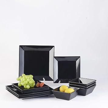 DOMINI 12-Piece Square Dinnerware Set, Service for 4, Porcelain Dishes Dinner, Square-Black