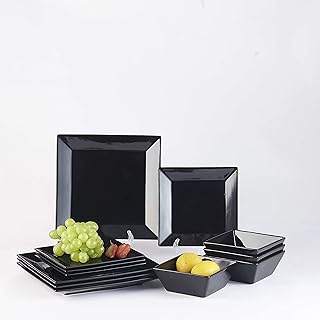 DOMINI 12-Piece Square Dinnerware Set, Service for 4, Porcelain Dishes Dinner, Square-Black