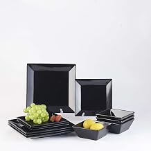 DOMINI 12-Piece Square Dinnerware Set, Service for 4, Porcelain Dishes Dinner, Square-Black
