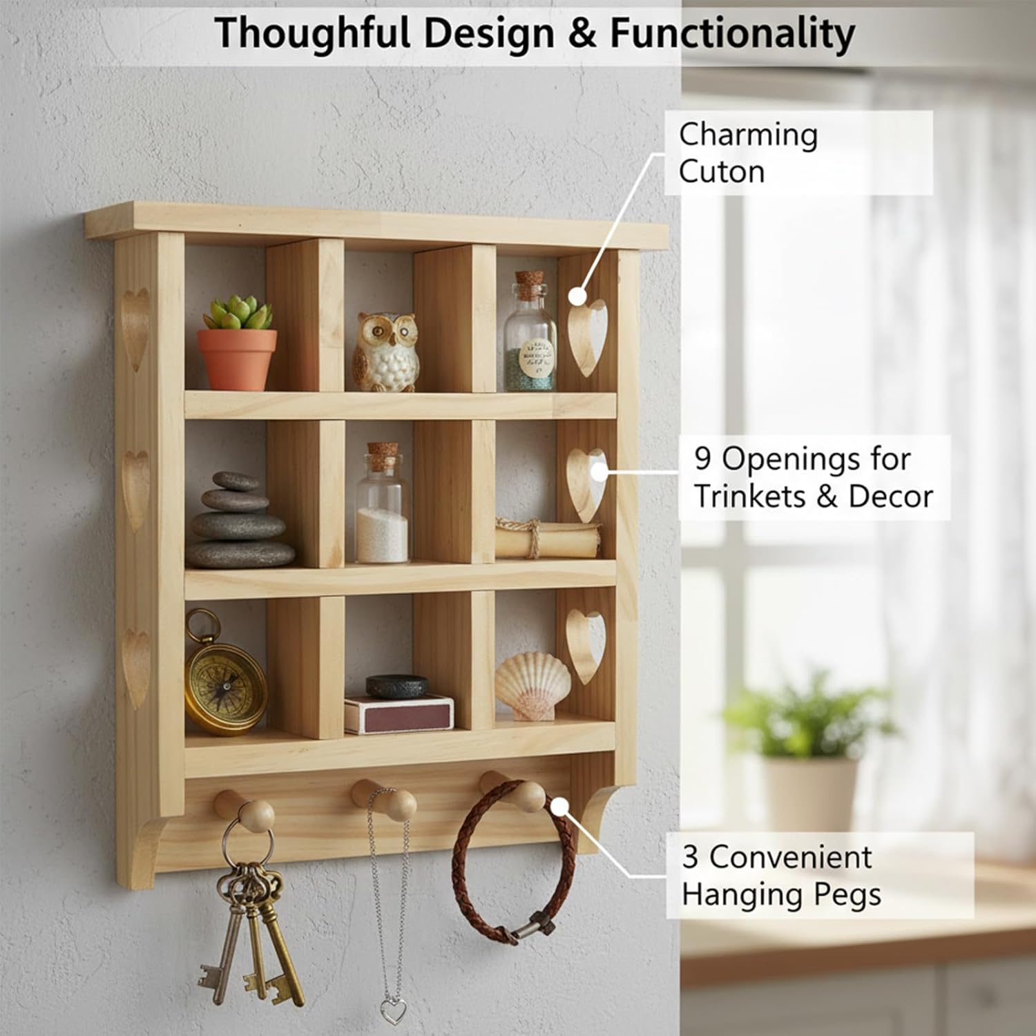 Wooden Heart Trinket Shelf for Wall, 14 x 12 inch Floating Shelf with Hearts and Pegs, 9 Openings Heart Wall Shelf for Indoor, Suitable for Displaying Interesting Gadgets