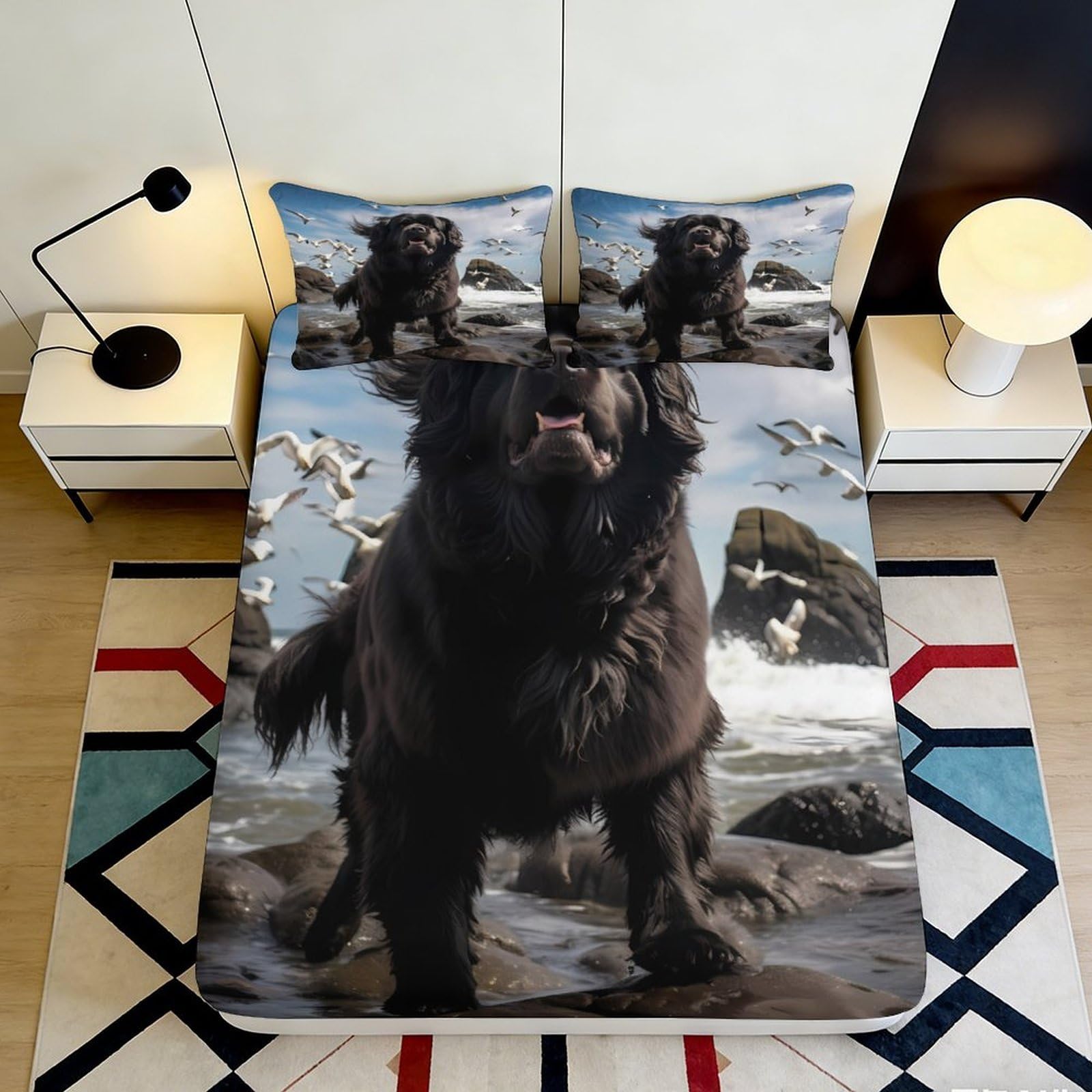 3D Printed Black Newfoundland Dog Fitted Sheet Microfiber Soft Animal Art Mattress Cover for Bedroom Guest Room Decor 90x200x25cm