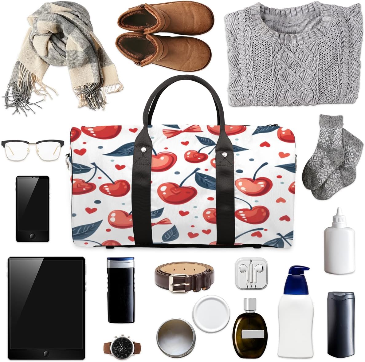 Watercolour Cherry Heart Travel Duffel Bag for Women Men Large Capacity Overnight Weekender Bags for Lightweight Waterproof Sport Gym Bag for Workout Yoga Swim